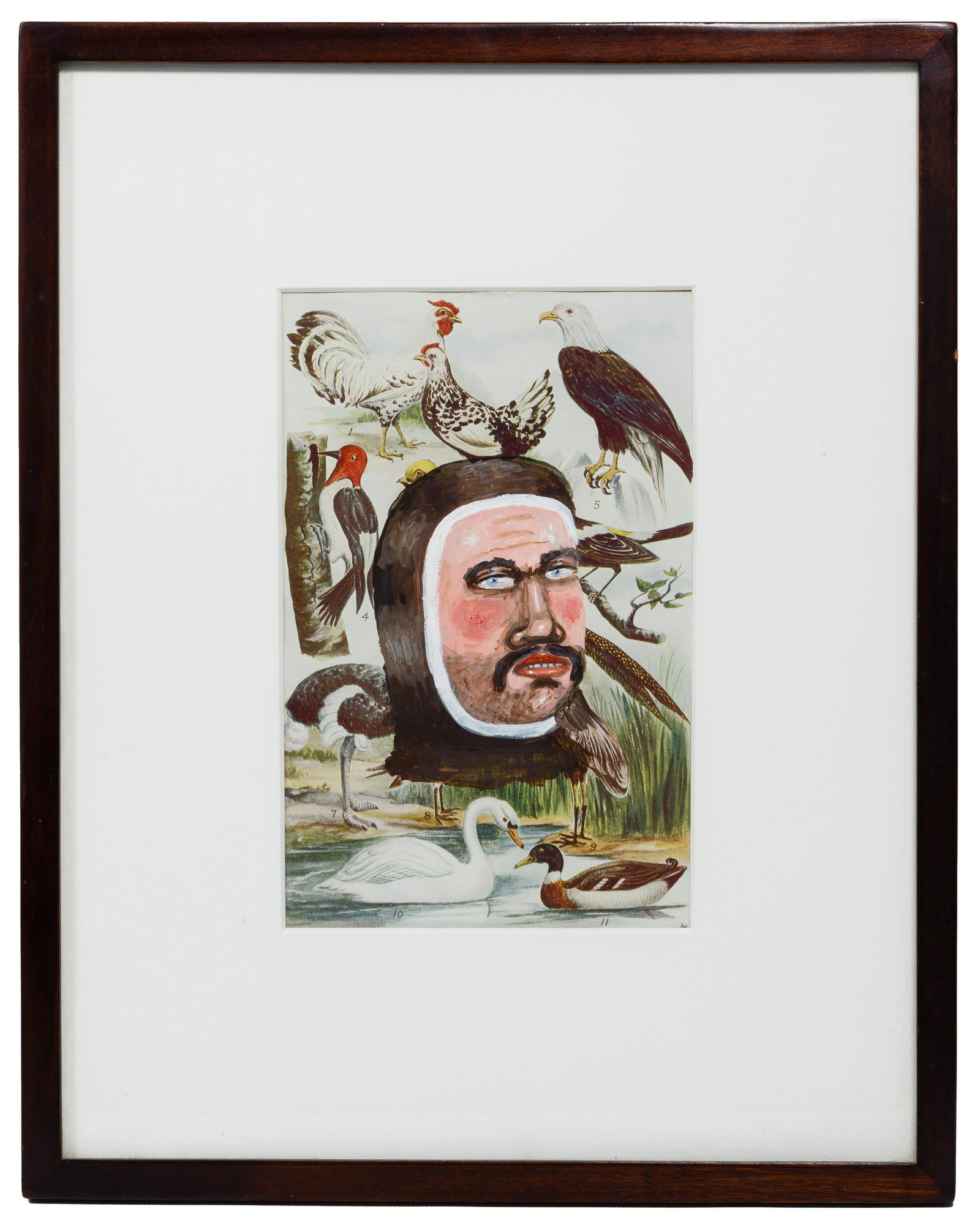 (Attributed to) Fred Stonehouse (American, b.1960): (Attributed to) Fred Stonehouse (American, b.1960) Acrylic on Book Page 1988, unsigned, depicting a male face painted over a book page illustrating birds, matted and housed in a wood frame; Center for