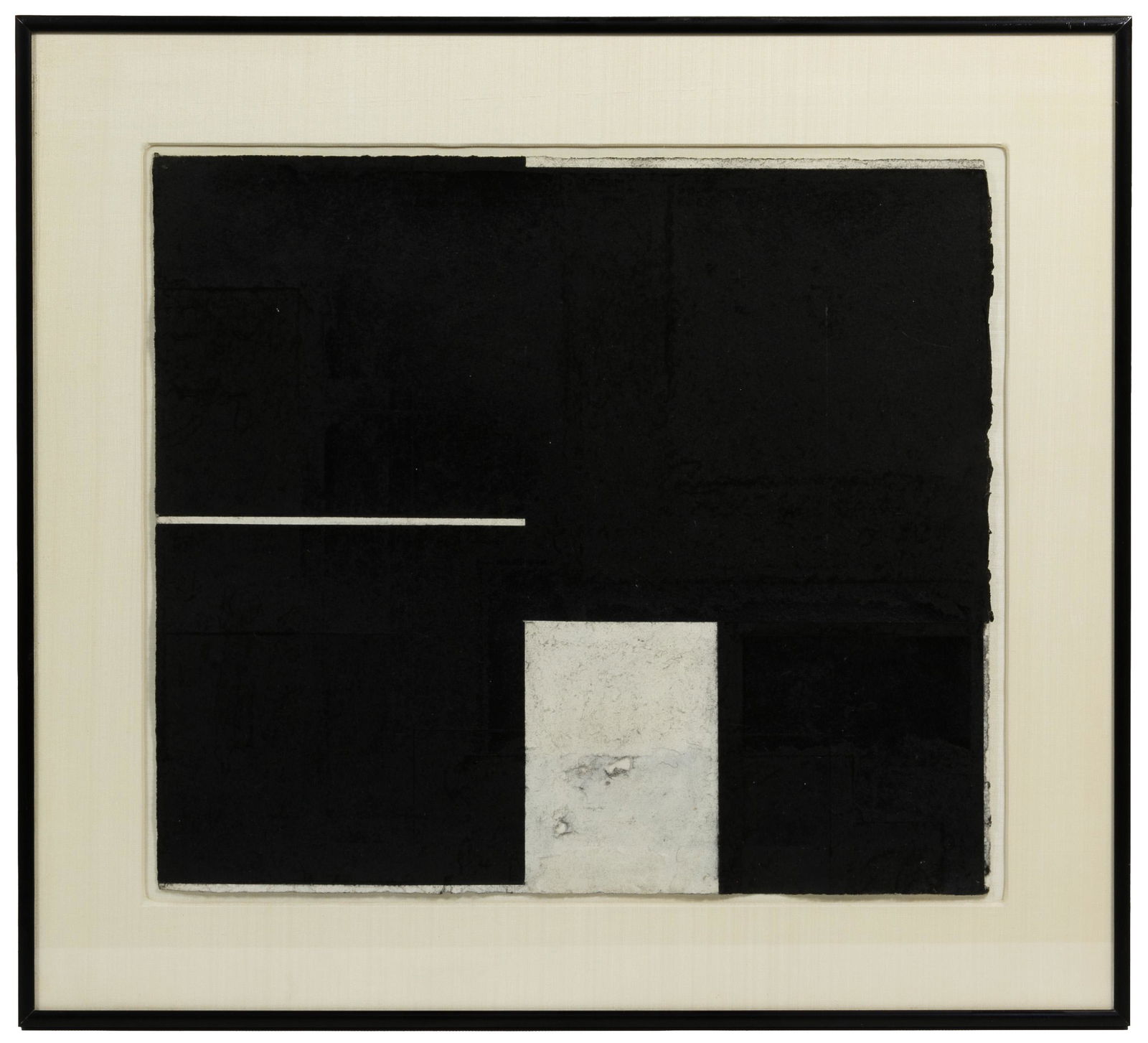 (Attributed to) Gaylen Gerber (American, b.1955): (Attributed to) Gaylen Gerber (American, b.1955) Charcoal on Paper 1980-81, unsigned, abstract composition in black and white, mounted floating on silk, housed in a metal frame; vanStraaten Gallery la