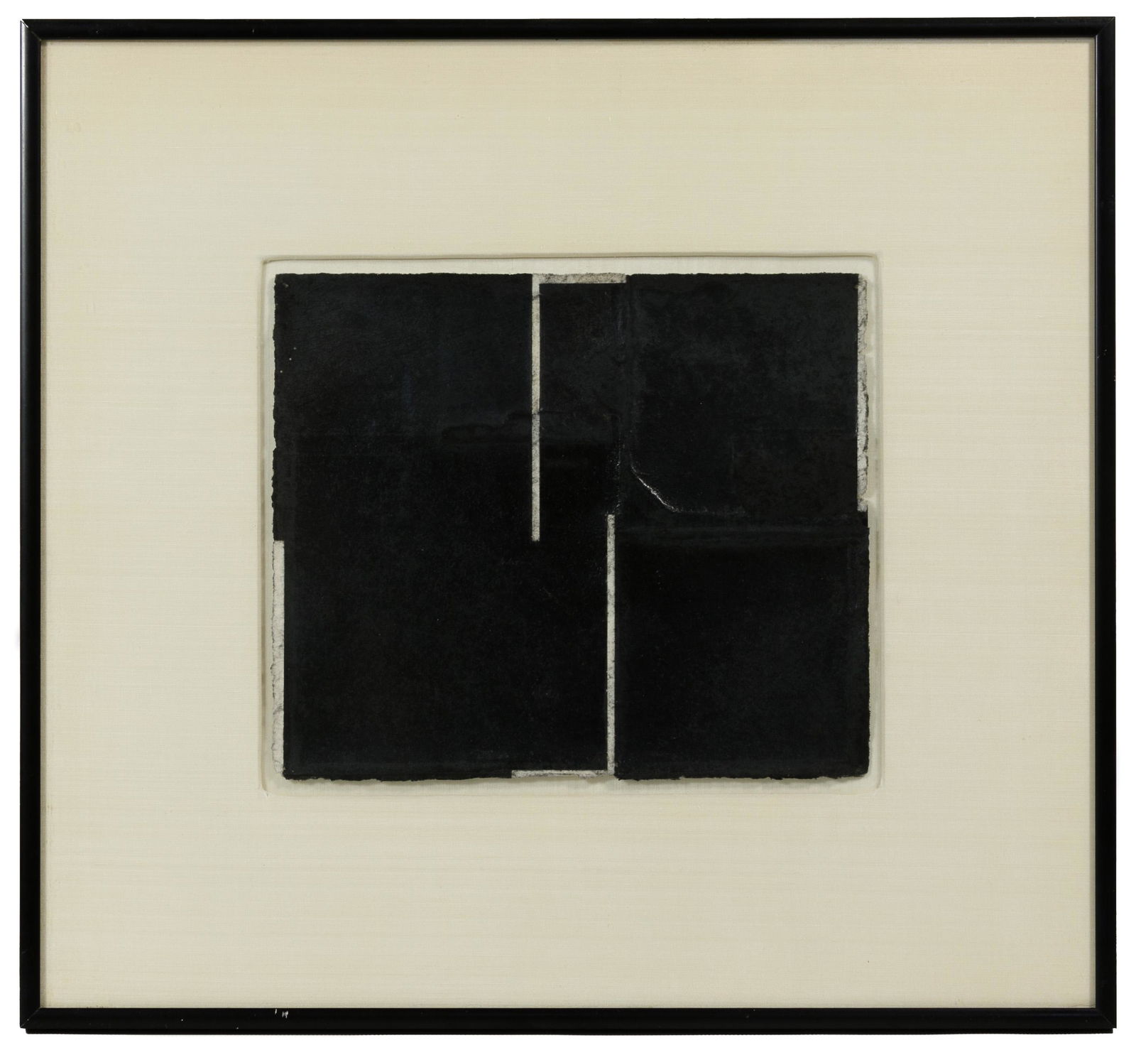 (Attributed to) Gaylen Gerber (American, b.1955): (Attributed to) Gaylen Gerber (American, b.1955) Charcoal on Paper 1981-82, unsigned, abstract composition in black and white, mounted floating on silk and housed in a metal frame, vanStraaten Gallery