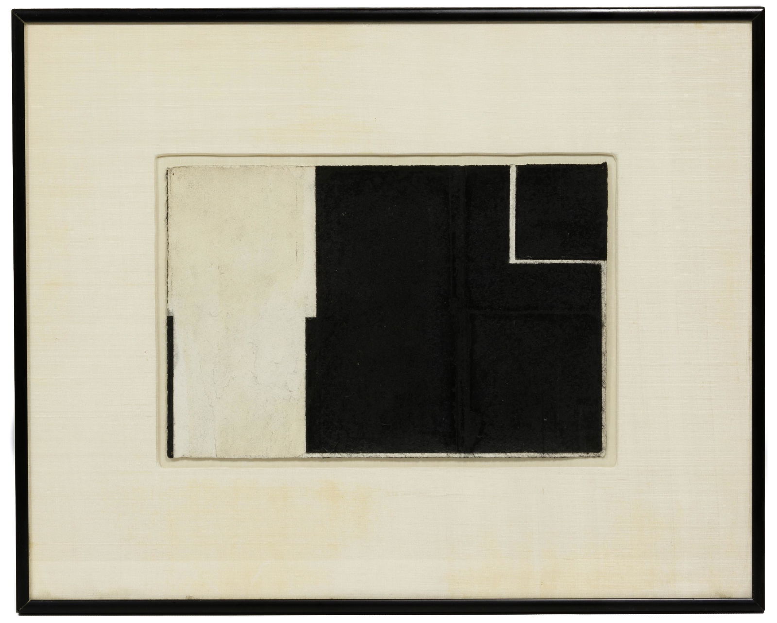 (Attributed to) Gaylen Gerber (American, b.1955): (Attributed to) Gaylen Gerber (American, b.1955) Charcoal on Paper 1981, unsigned, abstract composition in black and white, mounted floating on silk and housed in a metal frame; vanStraaten Gallery la