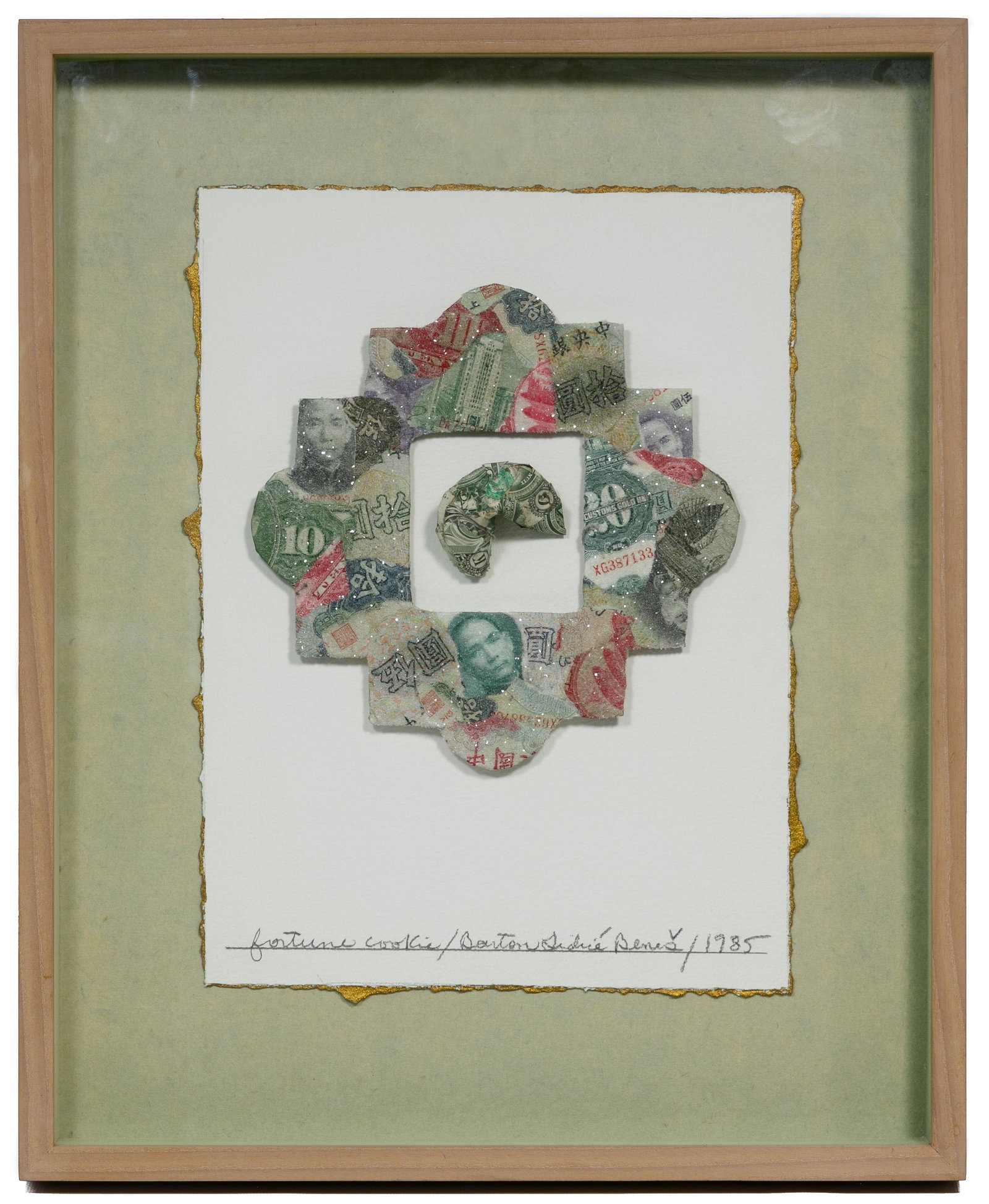 Burton Lidice Benes (American, 1942-2012) 'Fortune: Burton Lidice Benes (American, 1942-2012) 'Fortune Cookie' Mixed Media Relief 1985, signed lower right, composed of a three-dimensional fortune cookie and frame both made of currency, mounted on paper
