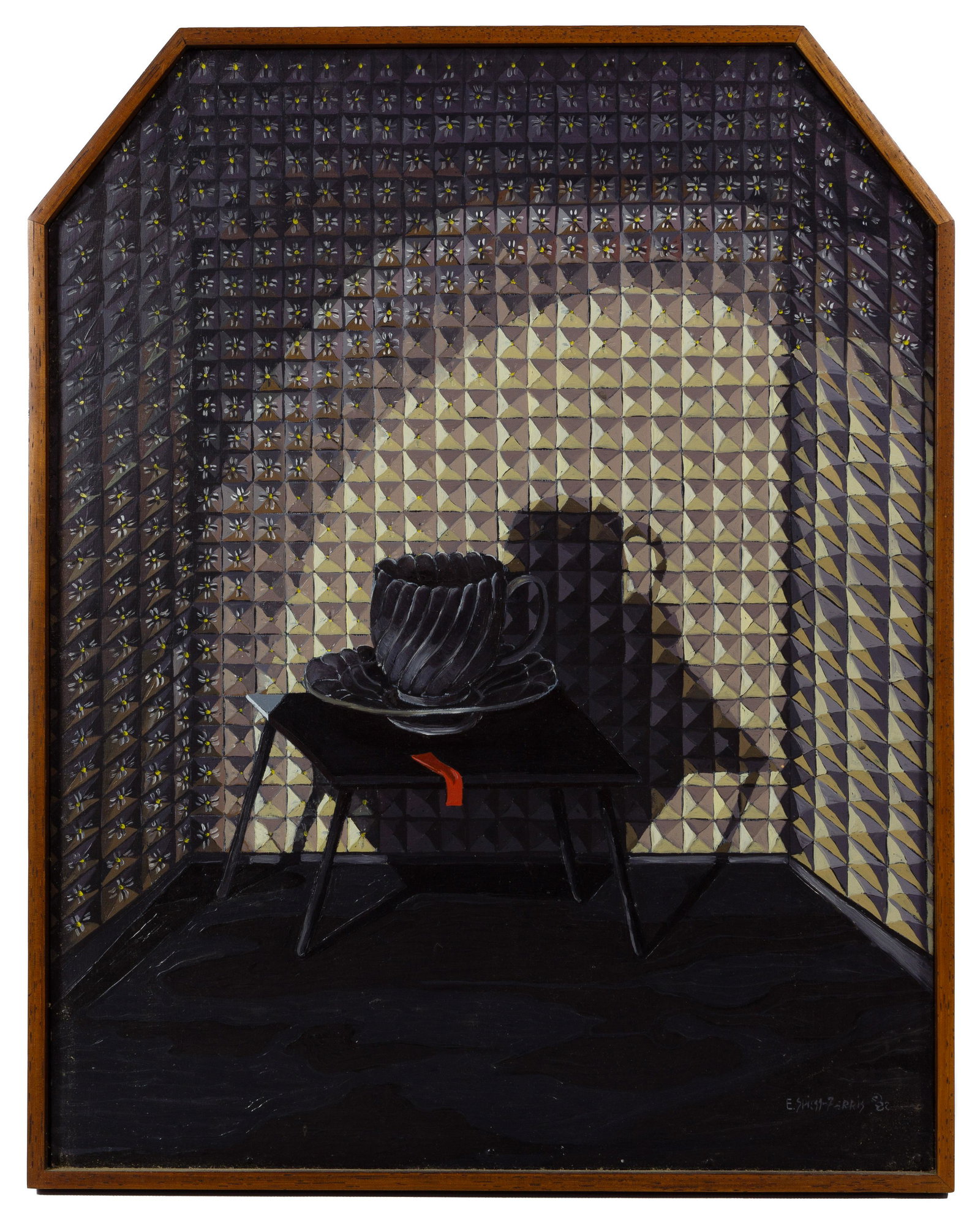 Eleanor Spiess-Ferris (American, b.1941) 'Black Tea: Eleanor Spiess-Ferris (American, b.1941) 'Black Tea Cup' Oil on Board 1982, signed lower right, depicting a black tea cup and saucer on a table; housed in wood frame, attached vanStraaten Gallery labe