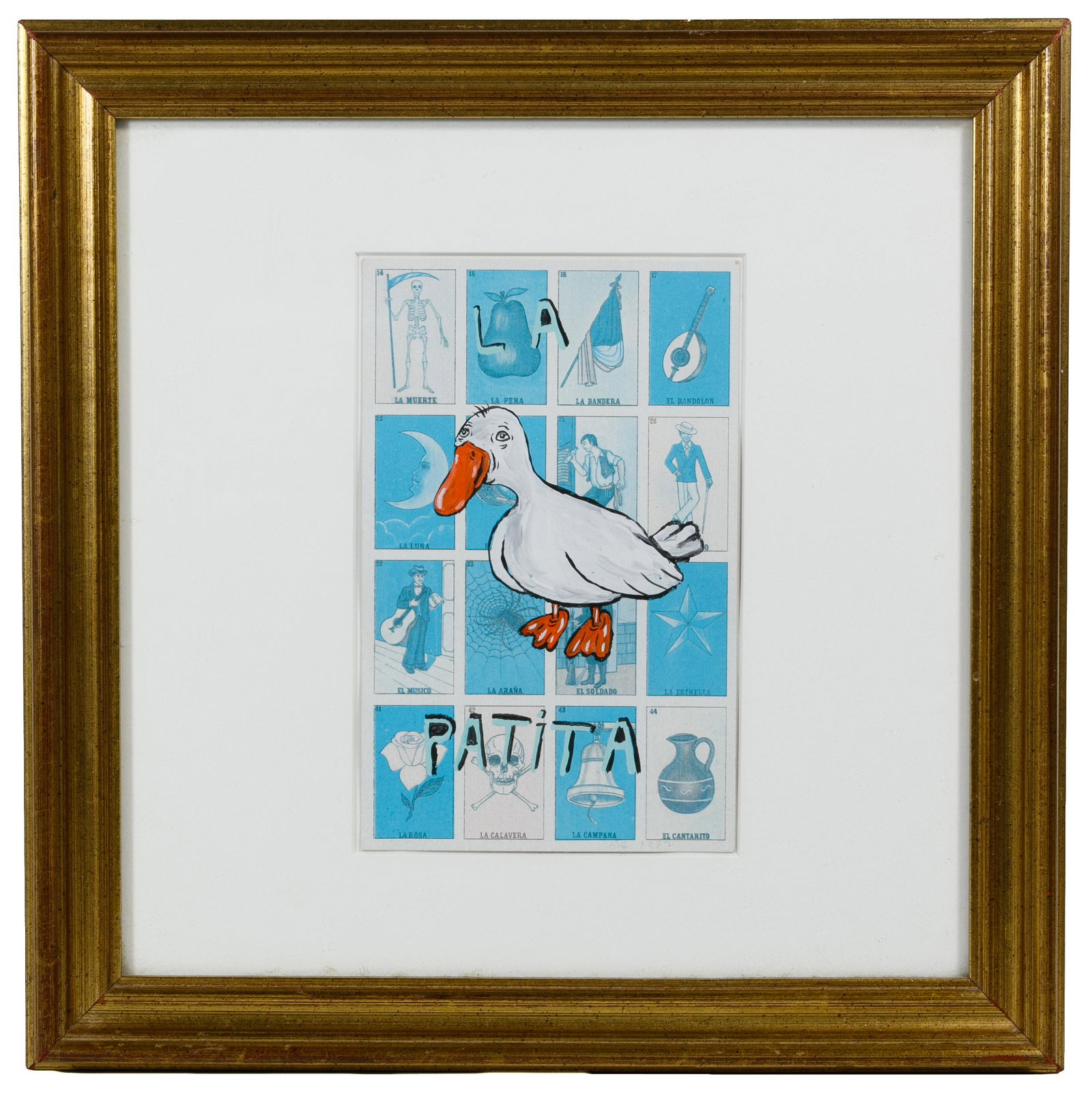 Fred Stonehouse (American, b.1960) 'La Patita' Acrylic: Fred Stonehouse (American, b.1960) 'La Patita' Acrylic on Loteria Card 1987, initial signed lower right, depicting a duck in gouache over a loteria card, mounted floating and housed in a gold-tone woo