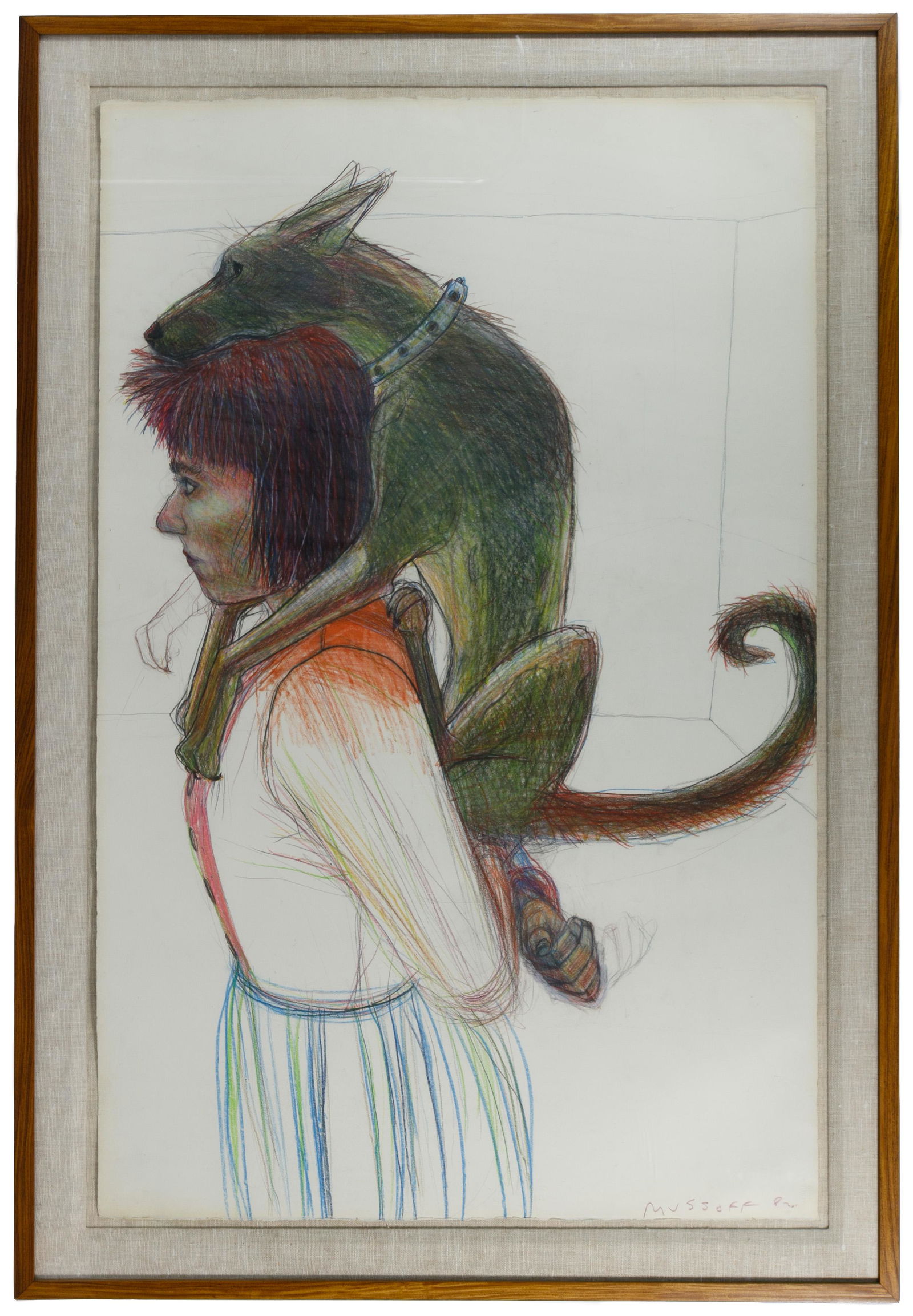 Jody Mussoff (American, b.1952): Jody Mussoff (American, b.1952) 'Girl Carrying Dog' Colored Pencil on Paper 1982, signed lower right, paper mark lower right, depicting a woman with a black dog on her back, mounted on linen in a simp