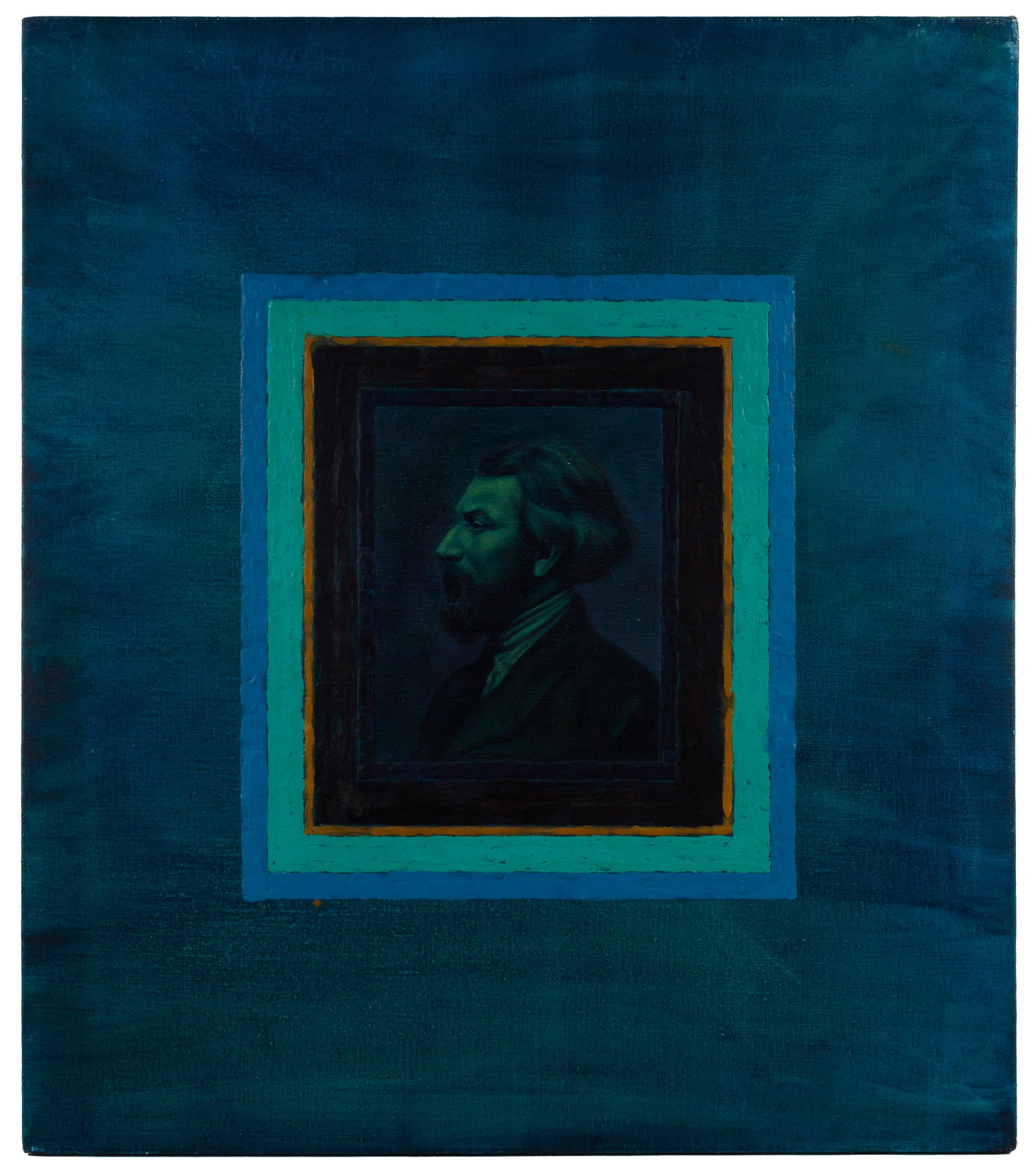 Rene Santos (Puerto Rican, 1954-1986) 'Jules Hutzel': Rene Santos (Puerto Rican, 1954-1986) 'Jules Hutzel' Oil and Encaustic on Linen 1985, signed en verso, possibly signed lower right, depicting a profile image of Jules Hutzel; attached artist informati