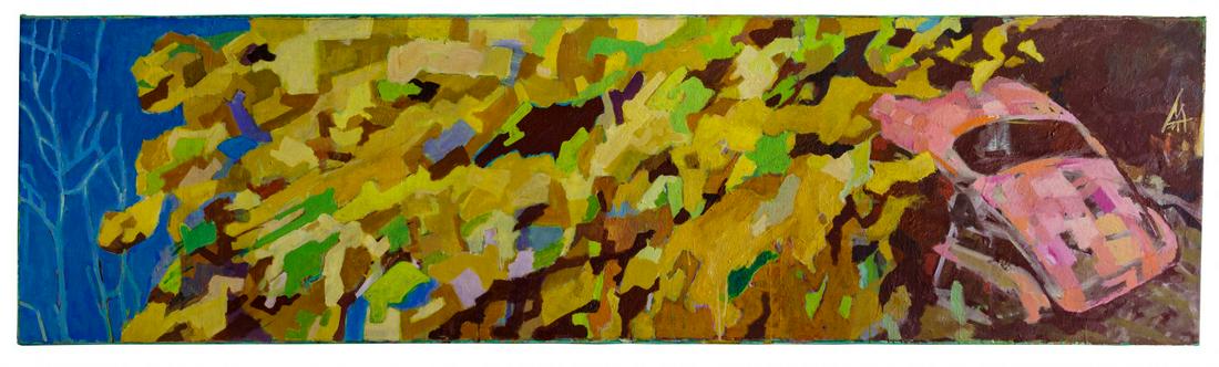 Adrian Moldovan (Romanian, b.1955) 'Foliage Over Car': Adrian Moldovan (Romanian, b.1955) 'Foliage Over Car' Oil on Canvas 2017, signed en verso, initialed on right edge, depicting an autumn landscape of tree branches and a red car Condition: Very Good, l