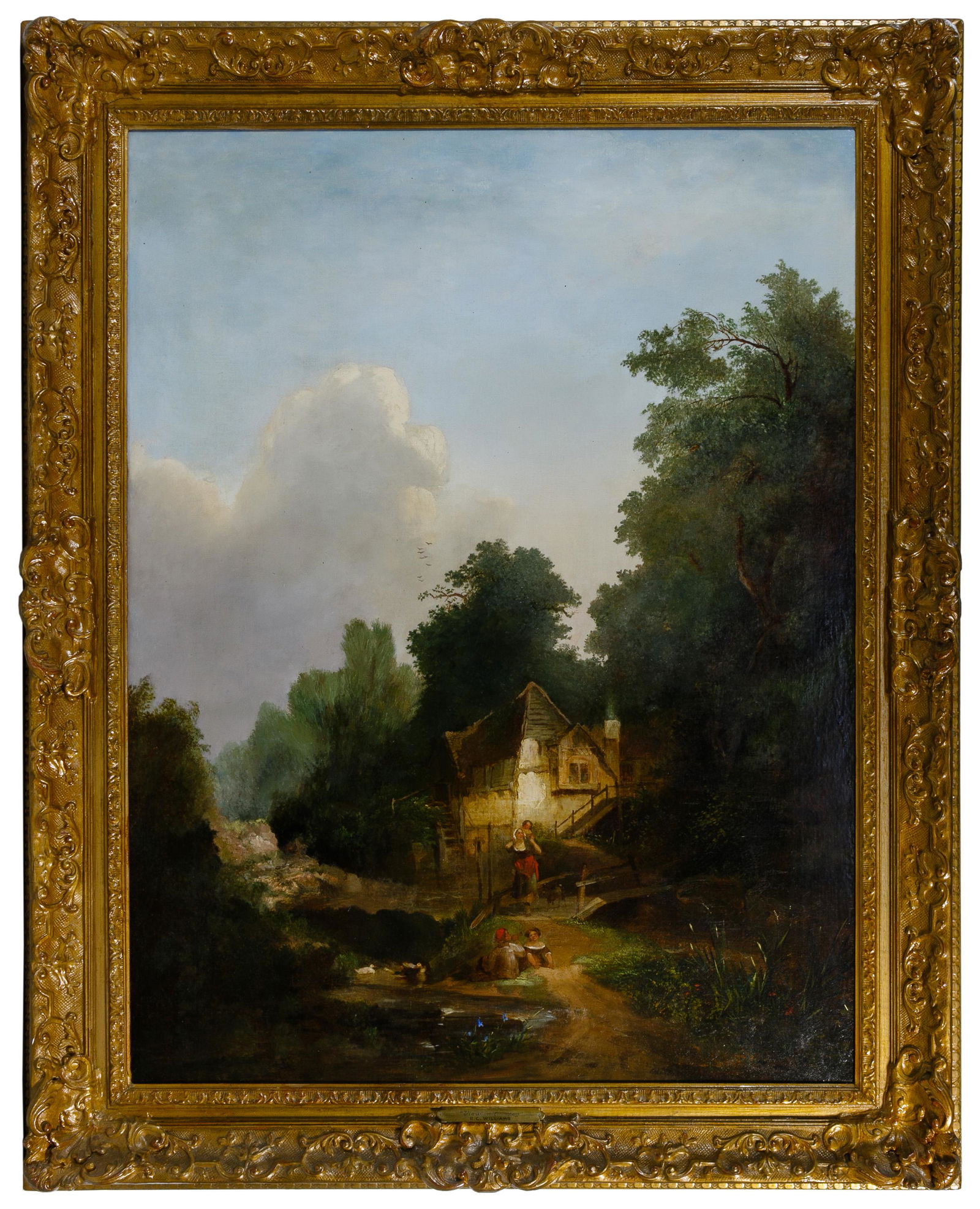 Edward Charles Williams (British, 1807-1881), Oil on: Edward Charles Williams (British, 1807-1881), Oil on Canvas Undated, unsigned, depicting a house having a pond with ducks and family; housed in ornate bronze color frame Condition: Very Good, no damag