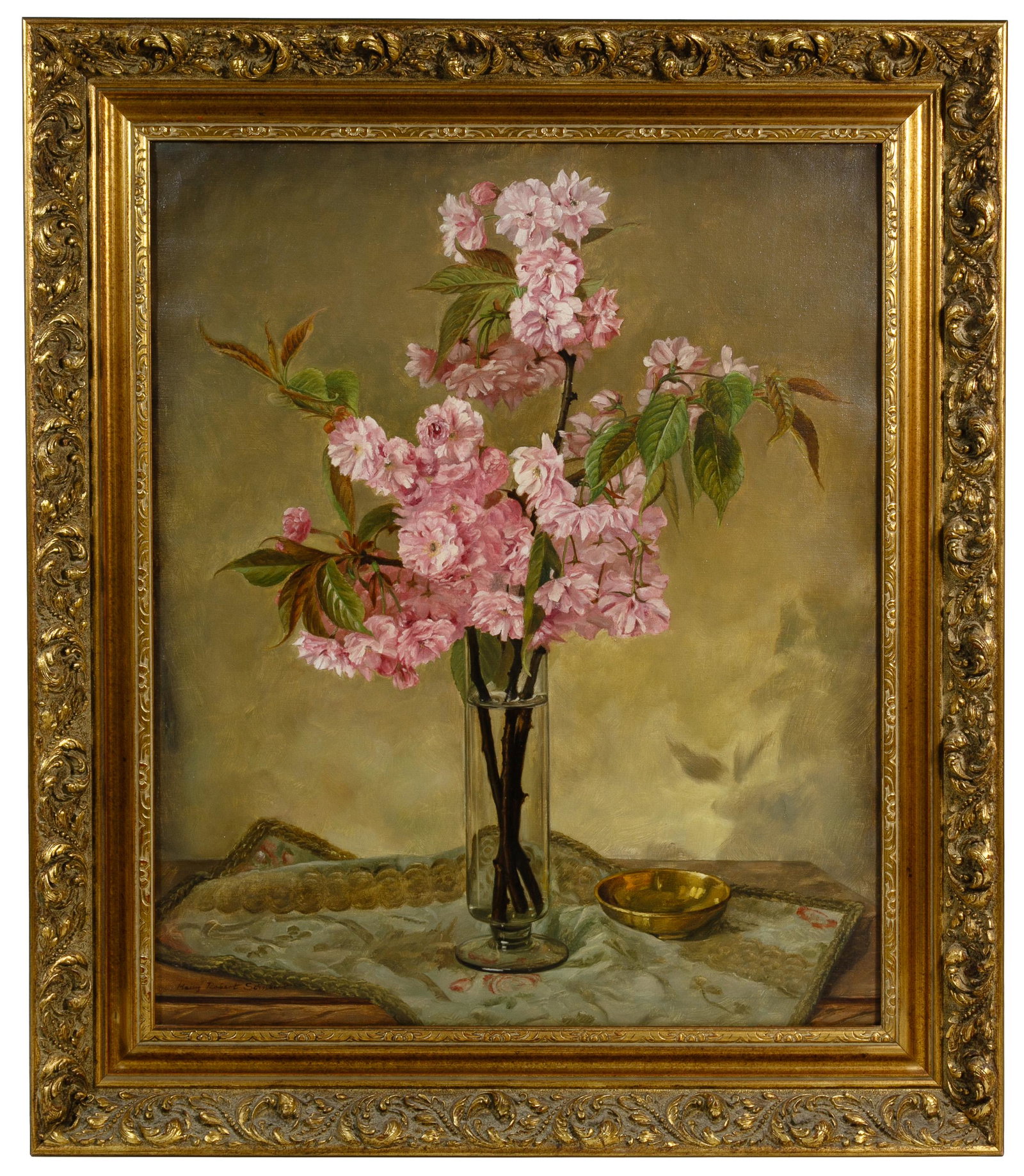 Heinz Robert Schubert (German, 1912-2012) Oil on Canvas: Heinz Robert Schubert (German, 1912-2012) Oil on Canvas Undated, signed lower left, still life depicting pink flowers in a glass vase; gold ornate frame Condition: Very Good, small repair lower right;
