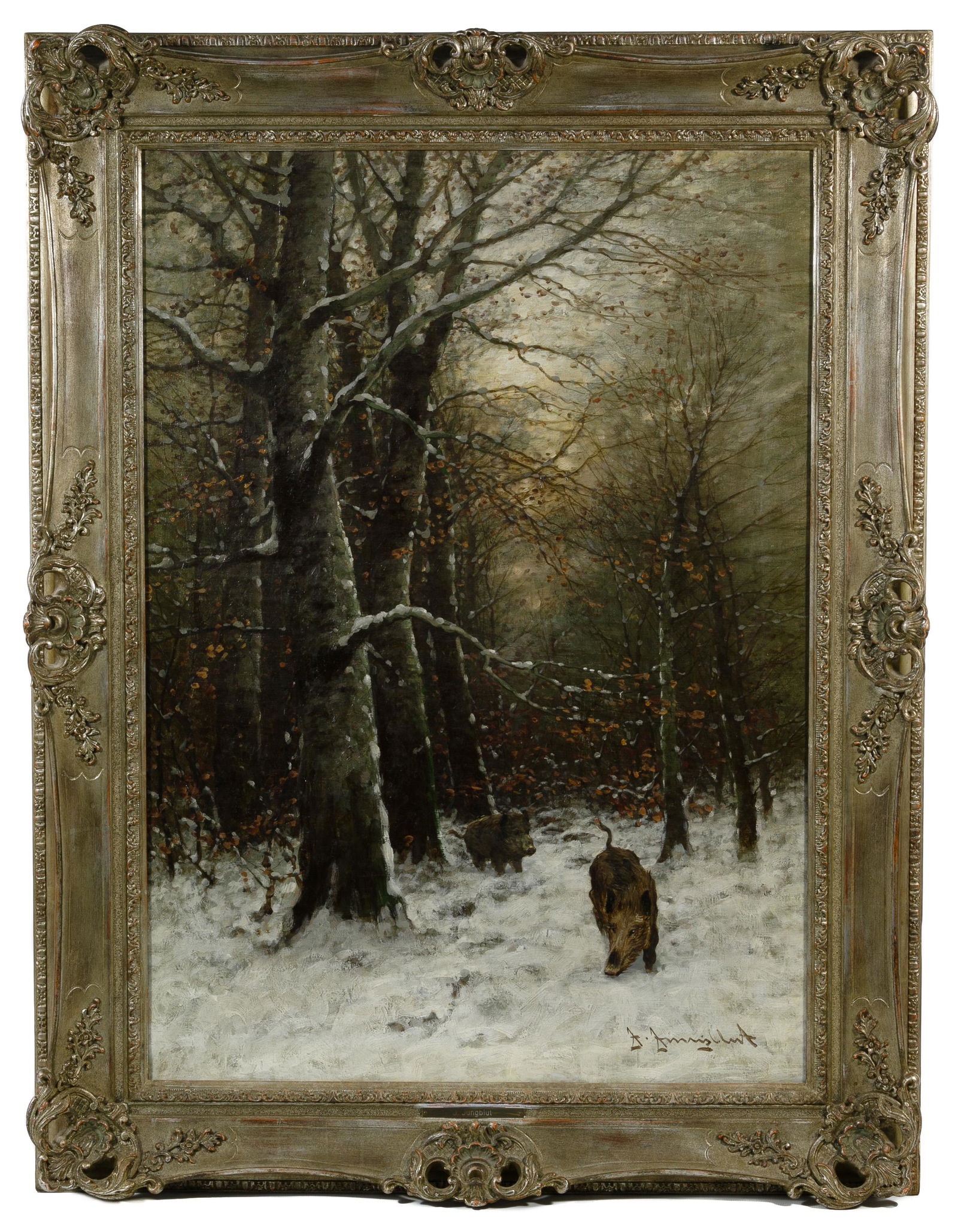 Johann Jungblut (German, 1860-1912) Oil on Canvas: Johann Jungblut (German, 1860-1912) Oil on Canvas Undated, signed lower right, depicting wild boars in winter, ornate silver frame Condition: Good, no damage to art noted; light dirt accumulation; re-