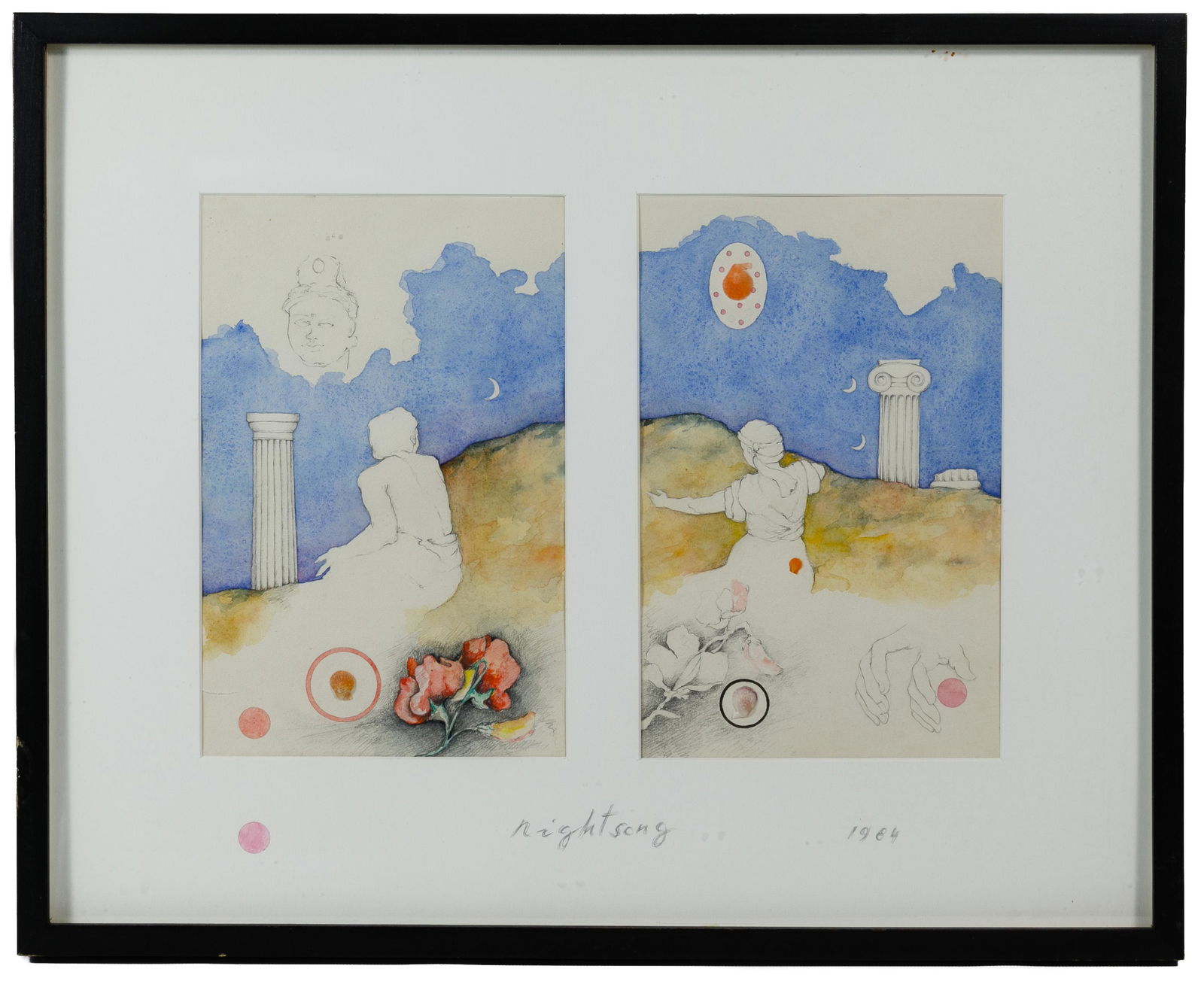 Paolo Colombo (Italian, b.1949) 'Nightsong' Mixed Media: Paolo Colombo (Italian, b.1949) 'Nightsong' Mixed Media on Paper 1984, one image signed lower right, two images of Victorian females with white columns, colored flowers and seashells; housed in a sing