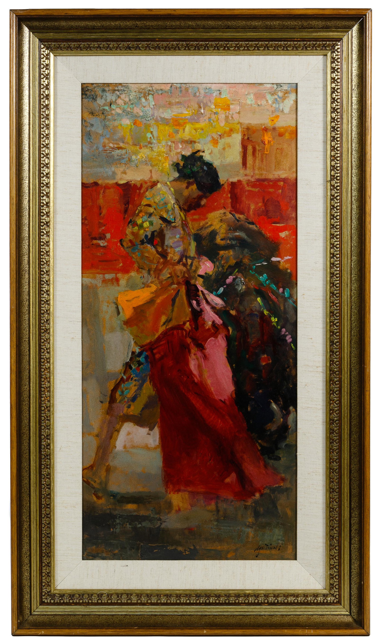 Mario Agostinelli (Peruvian / American, b.1923): Mario Agostinelli (Peruvian / American, b.1923) 'Bull Fighter' Oil on Board Undated, signed lower right, depicting a matador; gilt frame Condition: Very Good, no damage to art noted; frame having chip