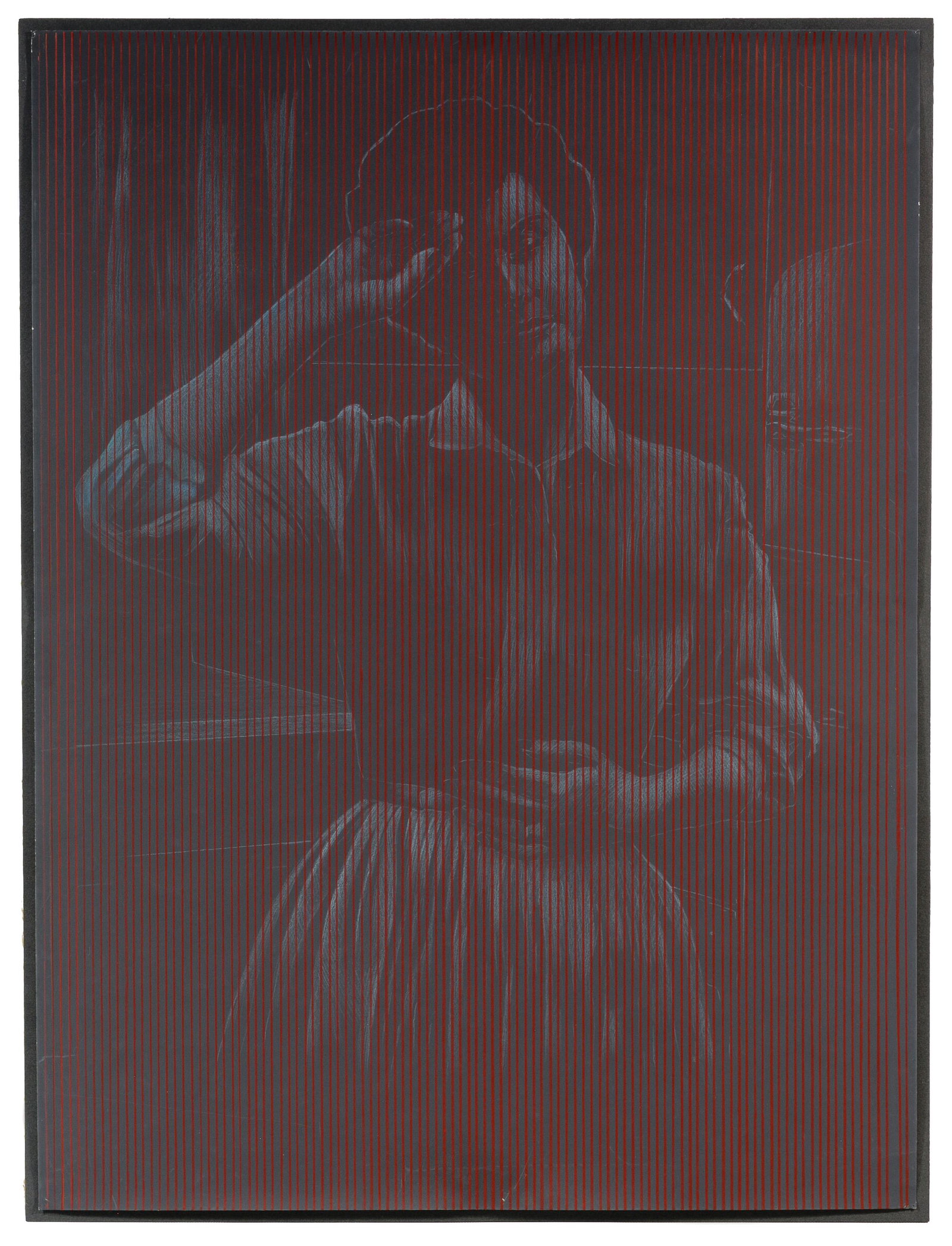 Rene Santos (Puerto Rican, 1954-1986) 'Harp Drawing': Rene Santos (Puerto Rican, 1954-1986) 'Harp Drawing' Colored Pencil on Paper 1983, unsigned, depicting a female figure under a series of red lines; mounted to a mat and cardboard, Feature Gallery labe