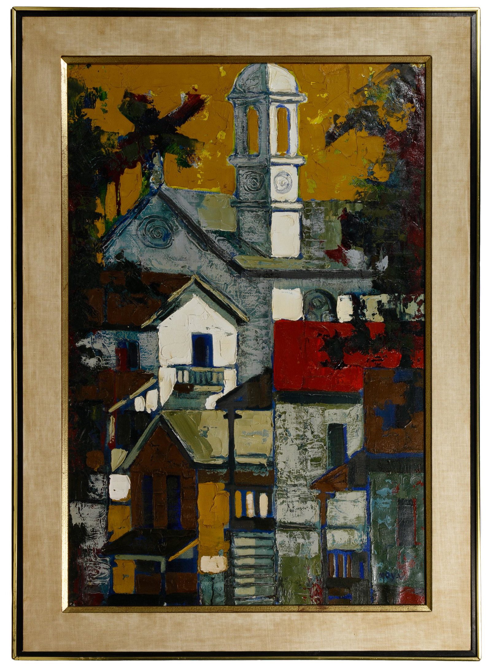 Robert Moya (American / Mexican, 1932-2008) Oil on: Robert Moya (American / Mexican, 1932-2008) Oil on Canvas Undated, signed lower right, depicting a village scene; black and gold frame Condition: Very Good, light dirt accumulation on the edges and in