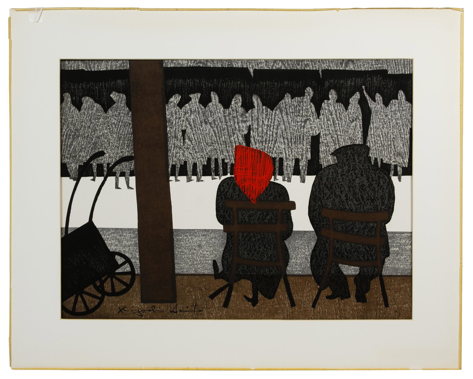 Kiyoshi Saito (Japanese, 1907-1997) 'Book-Store Seine: Kiyoshi Saito (Japanese, 1907-1997) 'Book-Store Seine Paris' Woodblock Print 1960, signed lower left, #111/120, depicting two seated figures in shades of gray, black, brown and red; titled, dated and