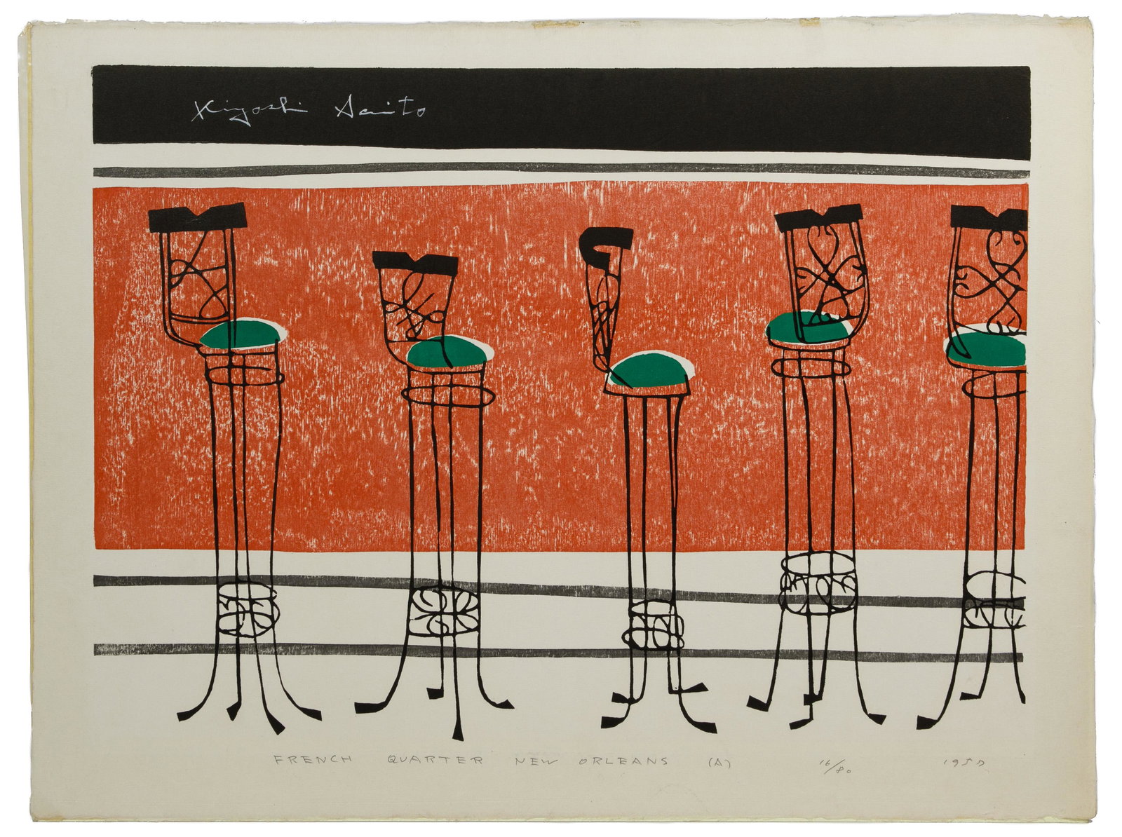 Kiyoshi Saito (Japanese, 1907-1997) 'French Quarter New: Kiyoshi Saito (Japanese, 1907-1997) 'French Quarter New Orleans' Woodblock Print 1950, signed upper left, #16/80, depicting a row of green-seated metal barstools against a rust-colored background; tit