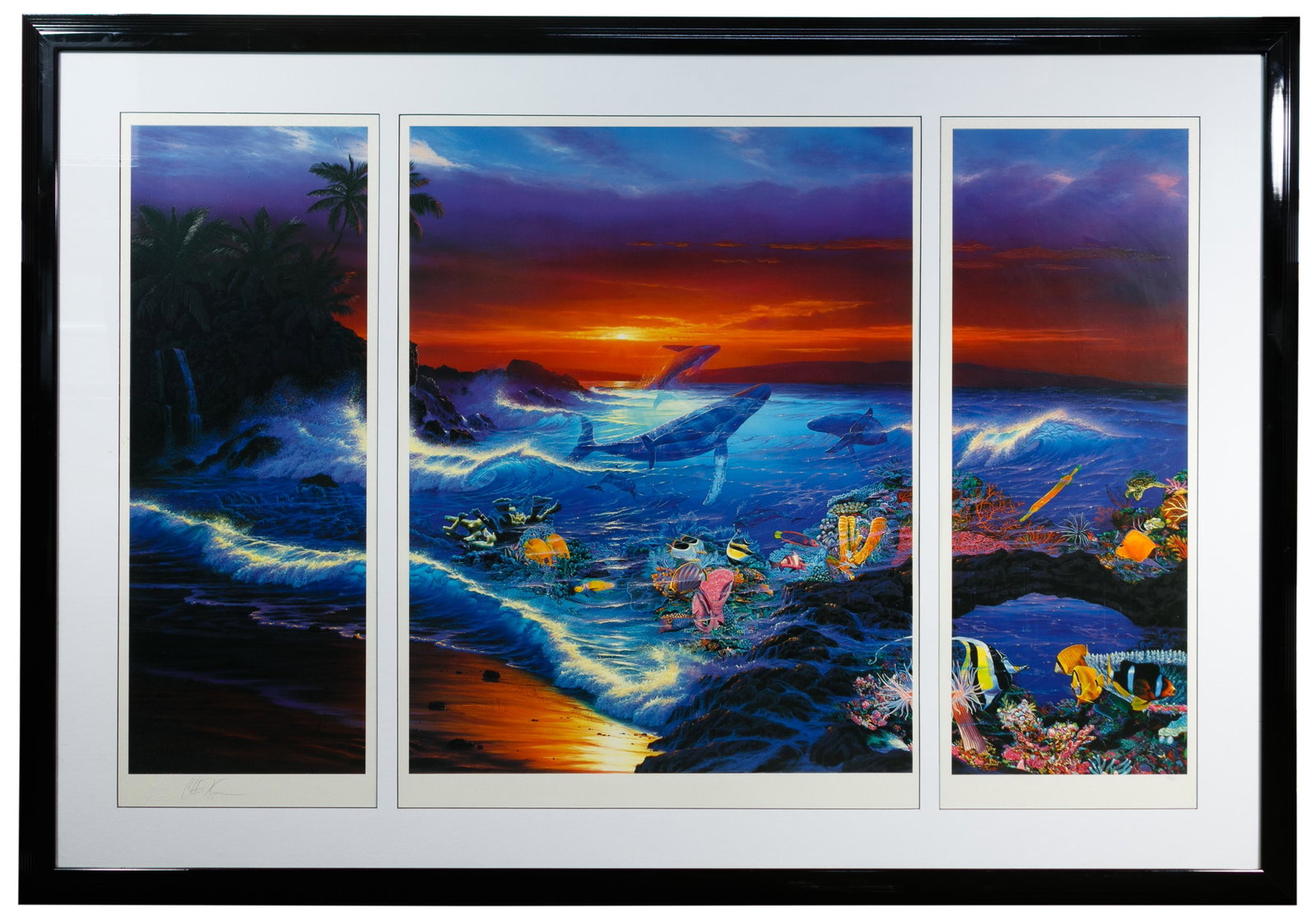 Christian Riese Lassen (American, b.1956) Lassengraph: Christian Riese Lassen (American, b.1956) Lassengraph Undated, signed lower left, #39/300, a triptych depicting colorful ocean, sea life and sunset; matted in black lacquer frame Condition: Very Good,