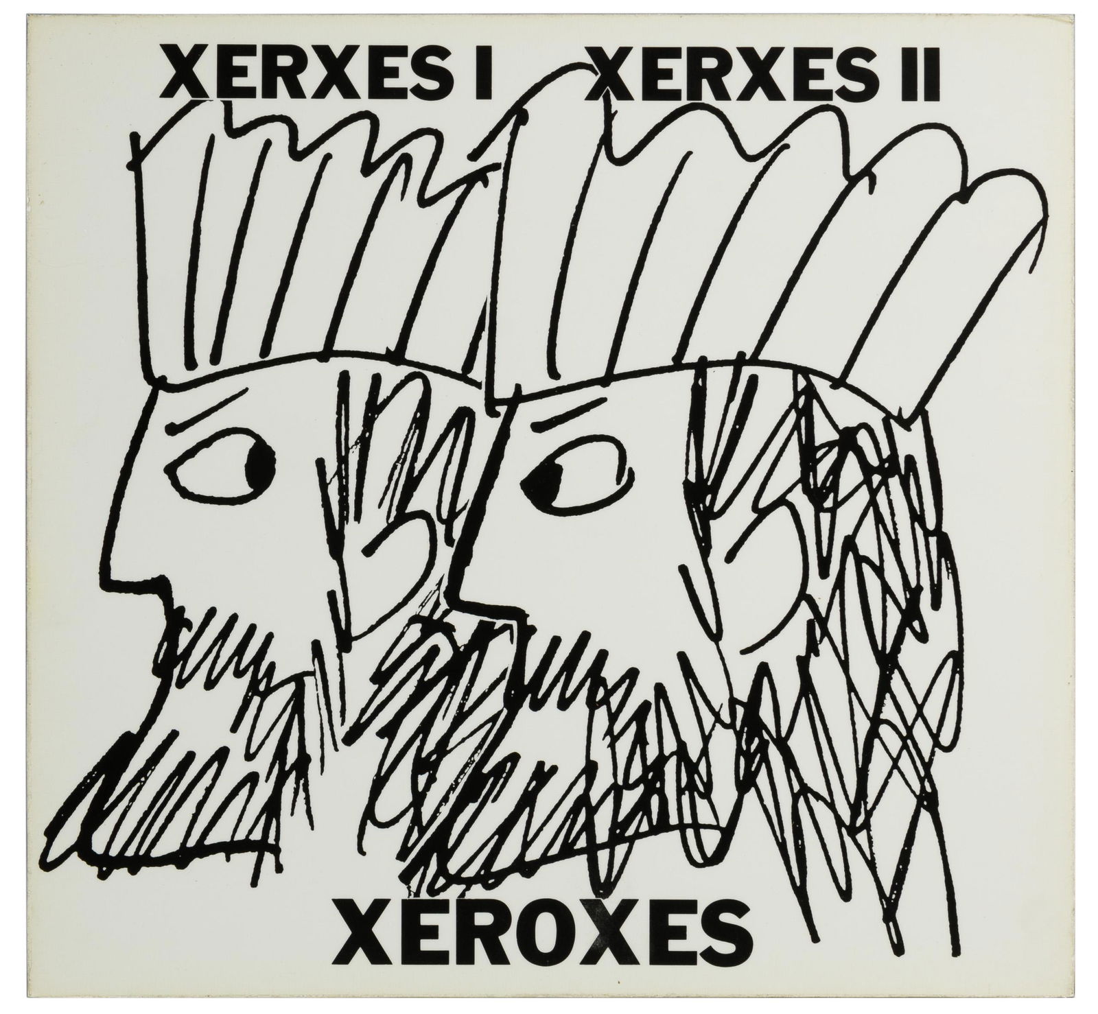 Kay Rosen (American, b.1949) 'Classic Pair' Screenprint: Kay Rosen (American, b.1949) 'Classic Pair' Screenprint on Masonite 1986, signed en verso, #1/5, depicting two male faces in profile captioned 'Xerxes I Xerxes II' above and 'Xeroxes' below, on lamina