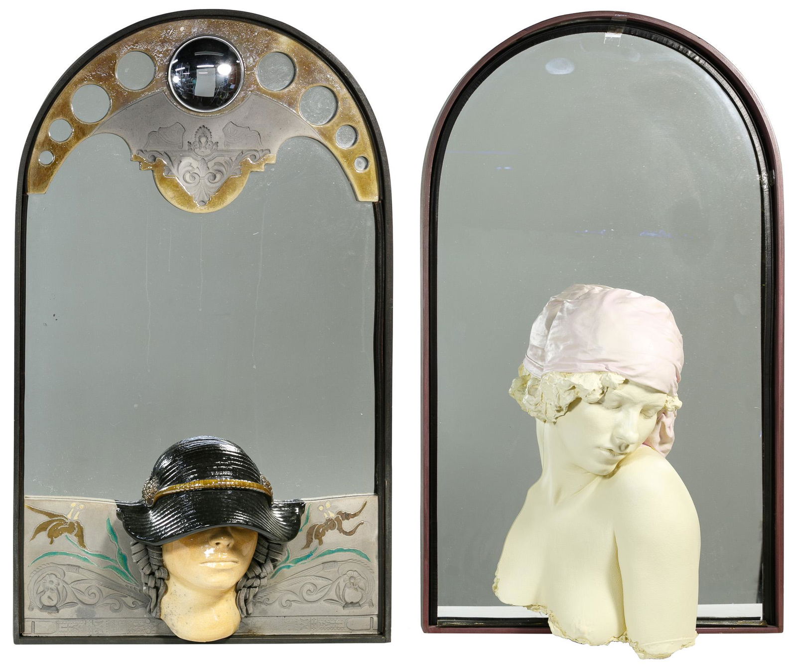 Marc Sijan (American, b.1946) Sculptures on Mirrors: Marc Sijan (American, b.1946) Sculptures on Mirrors Two examples, late 20th century mixed media wall sculptures depicting women mounted on framed mirrors; a signed on reverse plaster life cast hanging