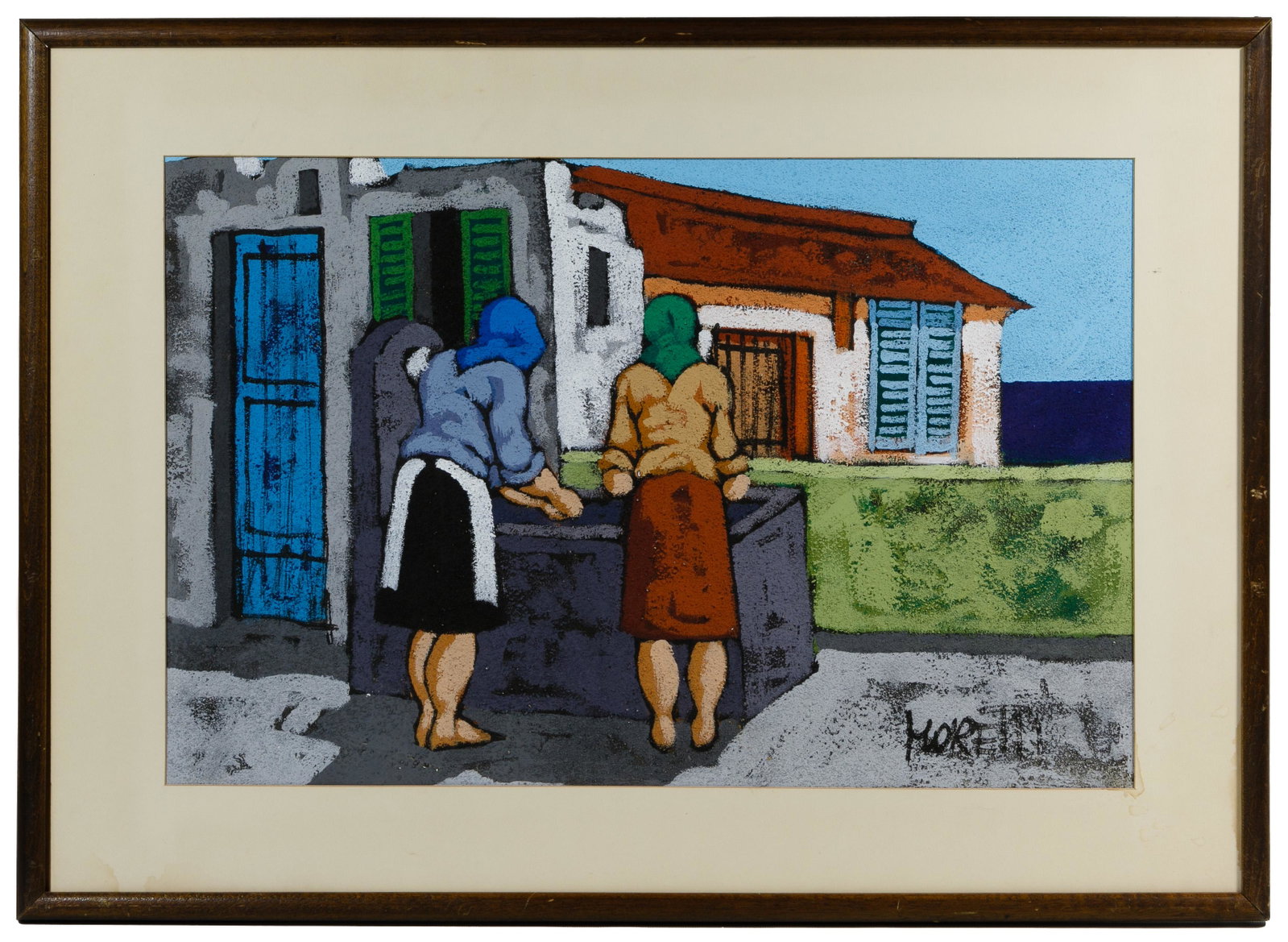 Moretti (20th Century) Mixed Media on Board: Moretti (20th Century) Mixed Media on Board Undated, signed lower right, depicting a village scene with two females; housed in wood frame Condition: Very Good, light dirt accumulation on the edges and
