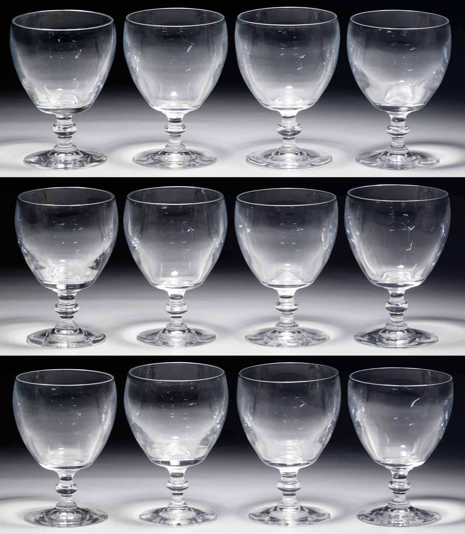 Frederick Carder for Steuben '6268' Glass Water Goblets: Frederick Carder for Steuben '6268' Glass Water Goblets Twelve items, clear wafer stem, in original 'Marshall Fields' Steuben Glass Room box having felt sleeves; all etched on underside of base Condit