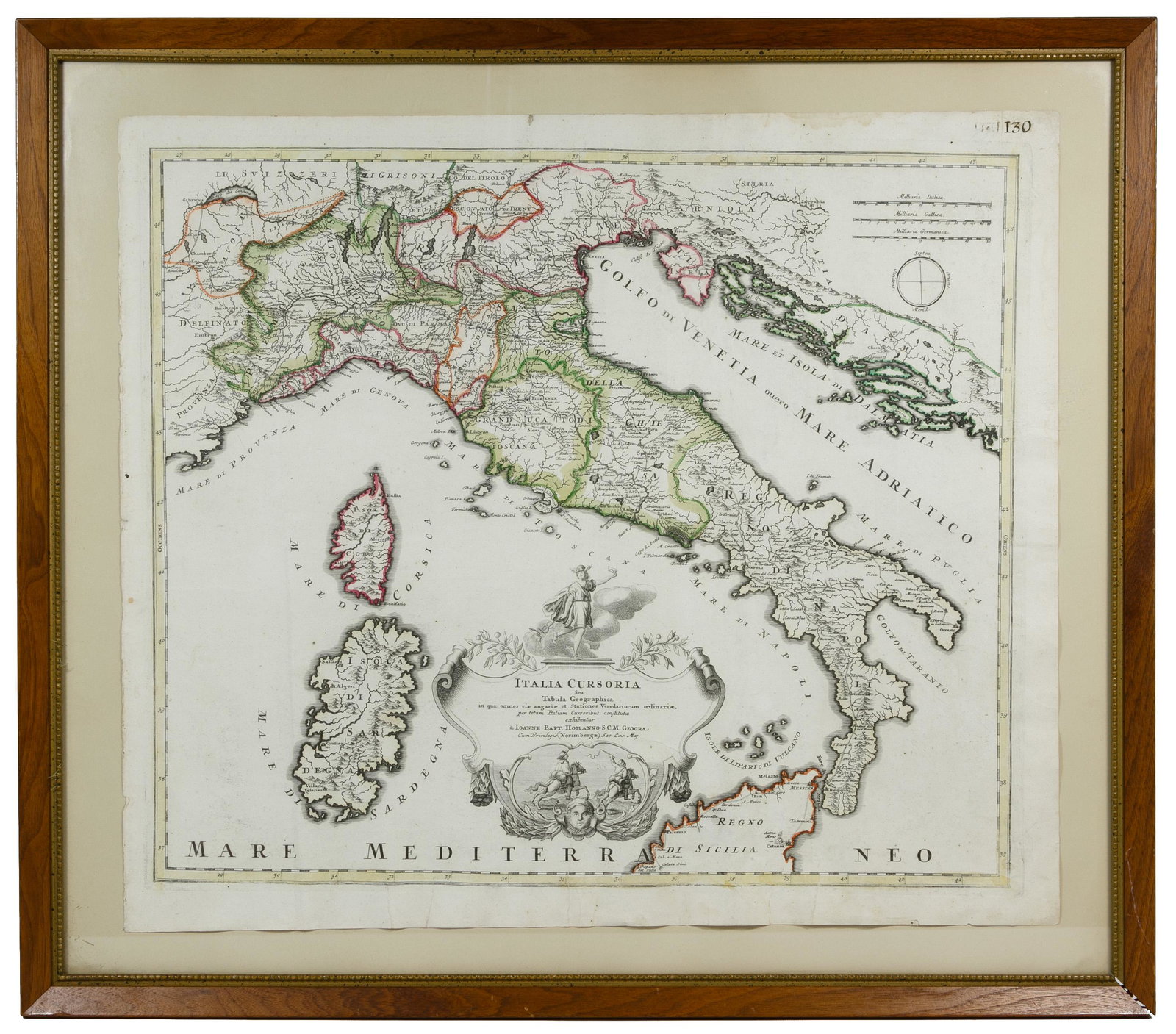 Johan Baptiste Homann (Italian) Cursoria Map: Johan Baptiste Homann (Italian) Cursoria Map Copper engraved and hand color, showing courier routes; figurative cartouche depictingn two messengers on horseback and Mercurious, god of travel and comme