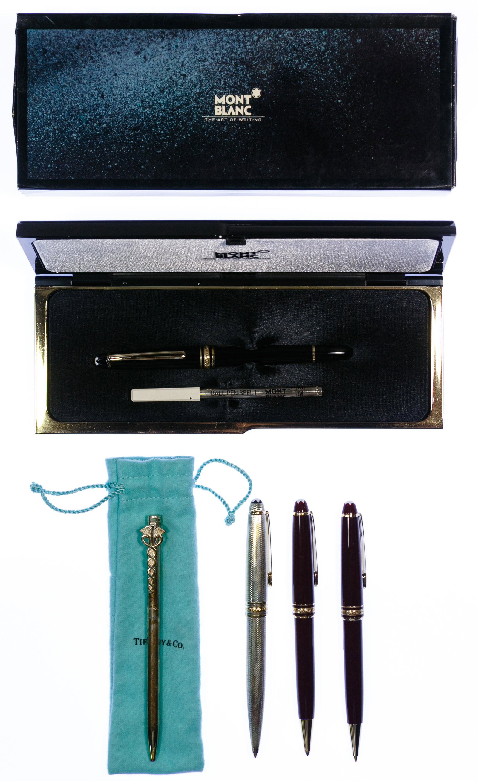 Montblanc Pen Assortment: Montblanc Pen Assortment Six items including a black Meisterstuck Bordeaux rollerball pen having gold plated trim and topped by a white star, in box having refill; Meisterstuck Solitaire silver ballpo