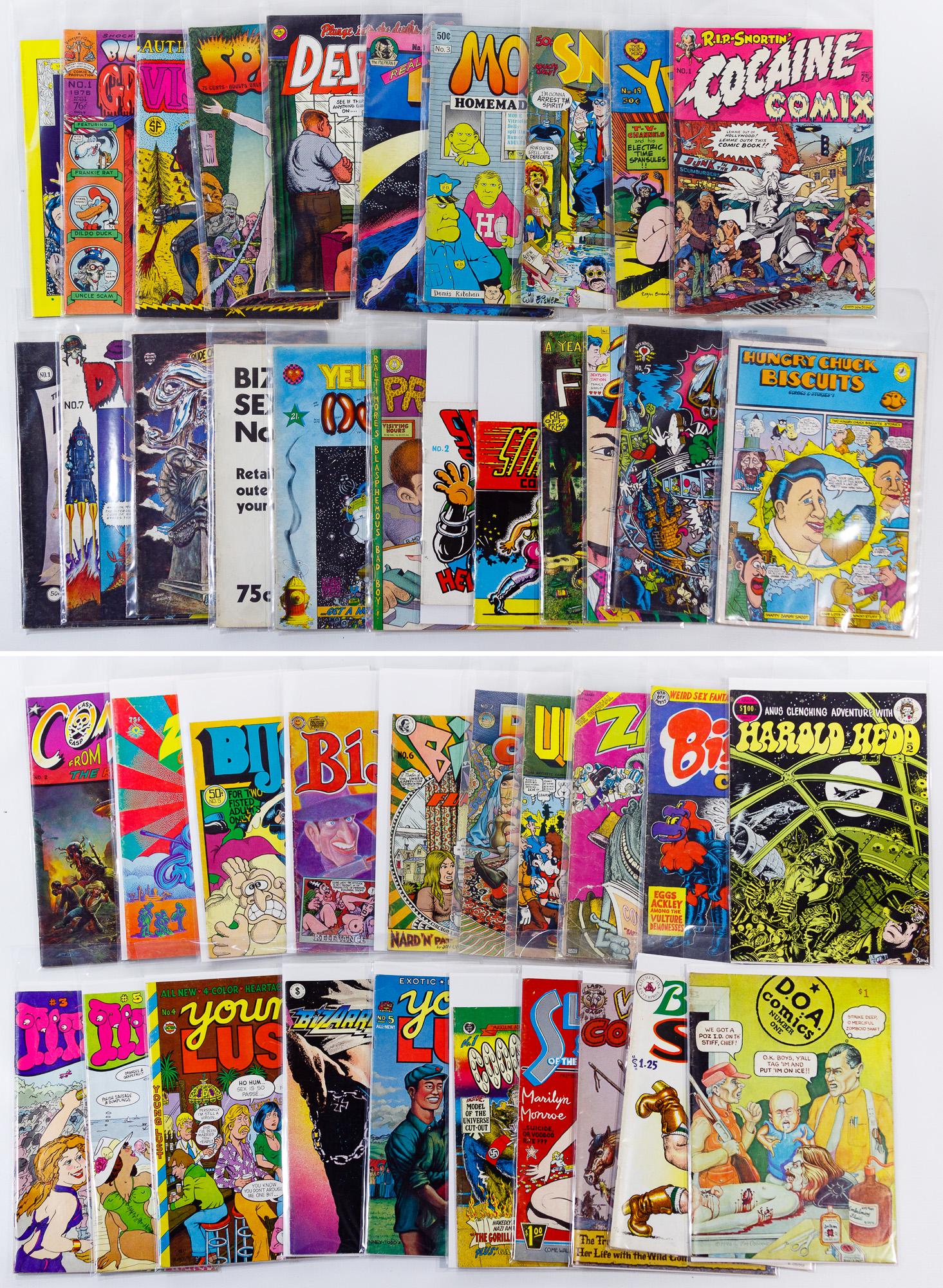 Underground Comic Assortment: Underground Comic Assortment Forty-two books including titles 'Snatch' (#1 and #2, 1968), 'Young Lust', 'Mom's Homemade', 'Spaced', 'Bijou', 'D.O.A.', 'Zap', 'Hungry Chuck Biscuits' (#1, 1971); many 1
