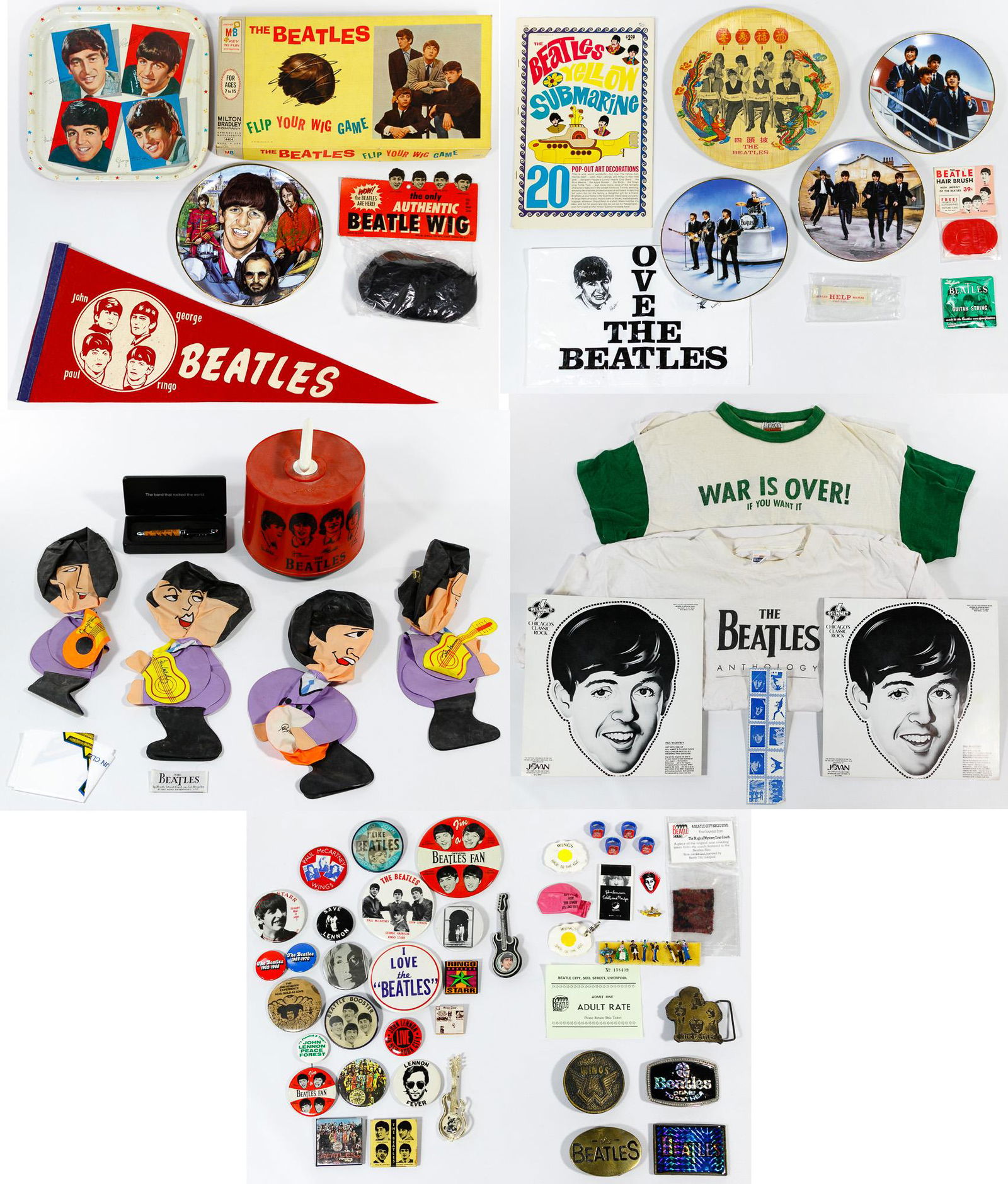 Beatles Collectible Assortment: Beatles Collectible Assortment Approximately sixty items including 1964 'Flip Your Wig' game, original wig (never opened), red plastic 45rpm record case, 1968 pop-out art 'Yellow Submarine' book, orig