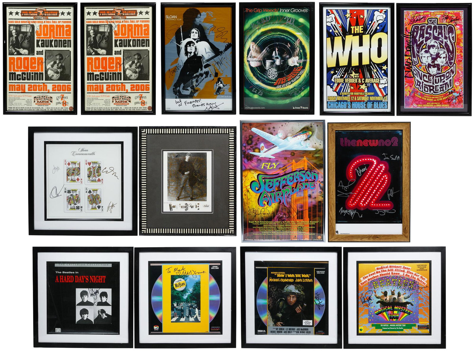 Music Concert Poster Assortment: Music Concert Poster Assortment Including framed concert posters from Jefferson Airplane, The Rascals, The Grip Weeds, The New No. 2, Sloan, Jorma Kaukonen and Roger McGuinn; concert signed by band me