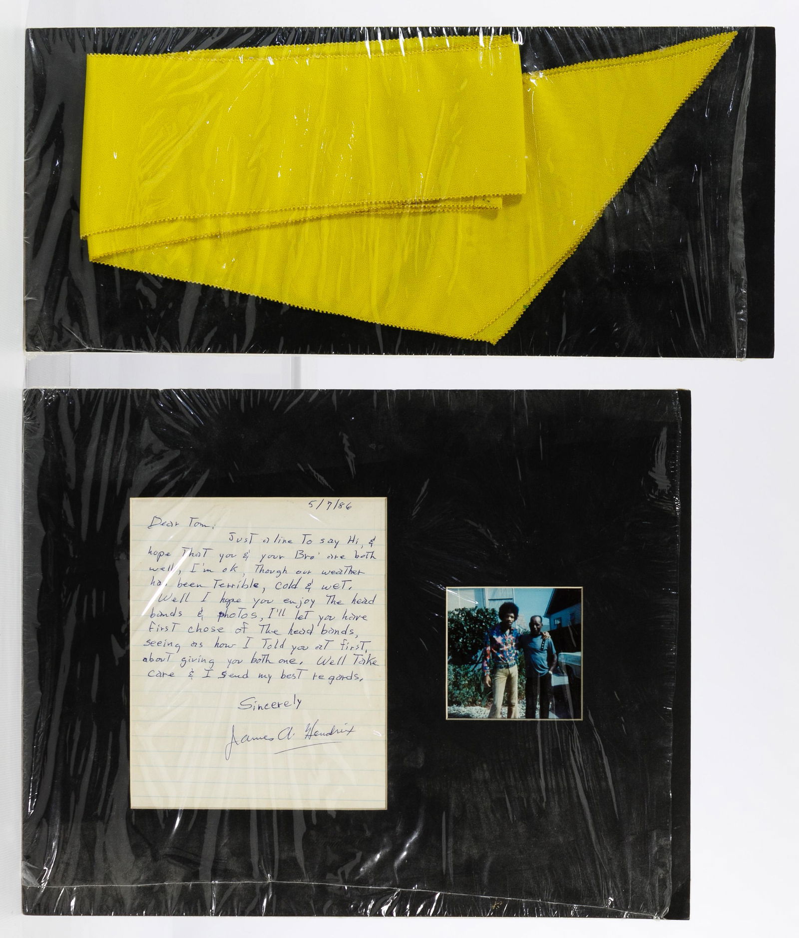 Jimi Hendrix Stage Worn Bandana Scarf: Jimi Hendrix Stage Worn Bandana Scarf Yellow stage bandana worn by Jimi Hendrix with a letter and photo from his father James 'Al' Hendrix, gifting the bandana in 1986 to a friend 'Tom'; COA from Rive
