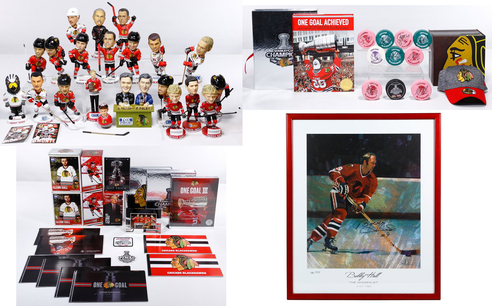 Chicago Blackhawks Collectable Assortment: Chicago Blackhawks Collectable Assortment Including a 1983 framed autographed poster of Bobby Hull #736/909; 2014-2015 season ticket booklets and ensuing Stanley Cup Playoff ticket booklets; 2015-2016