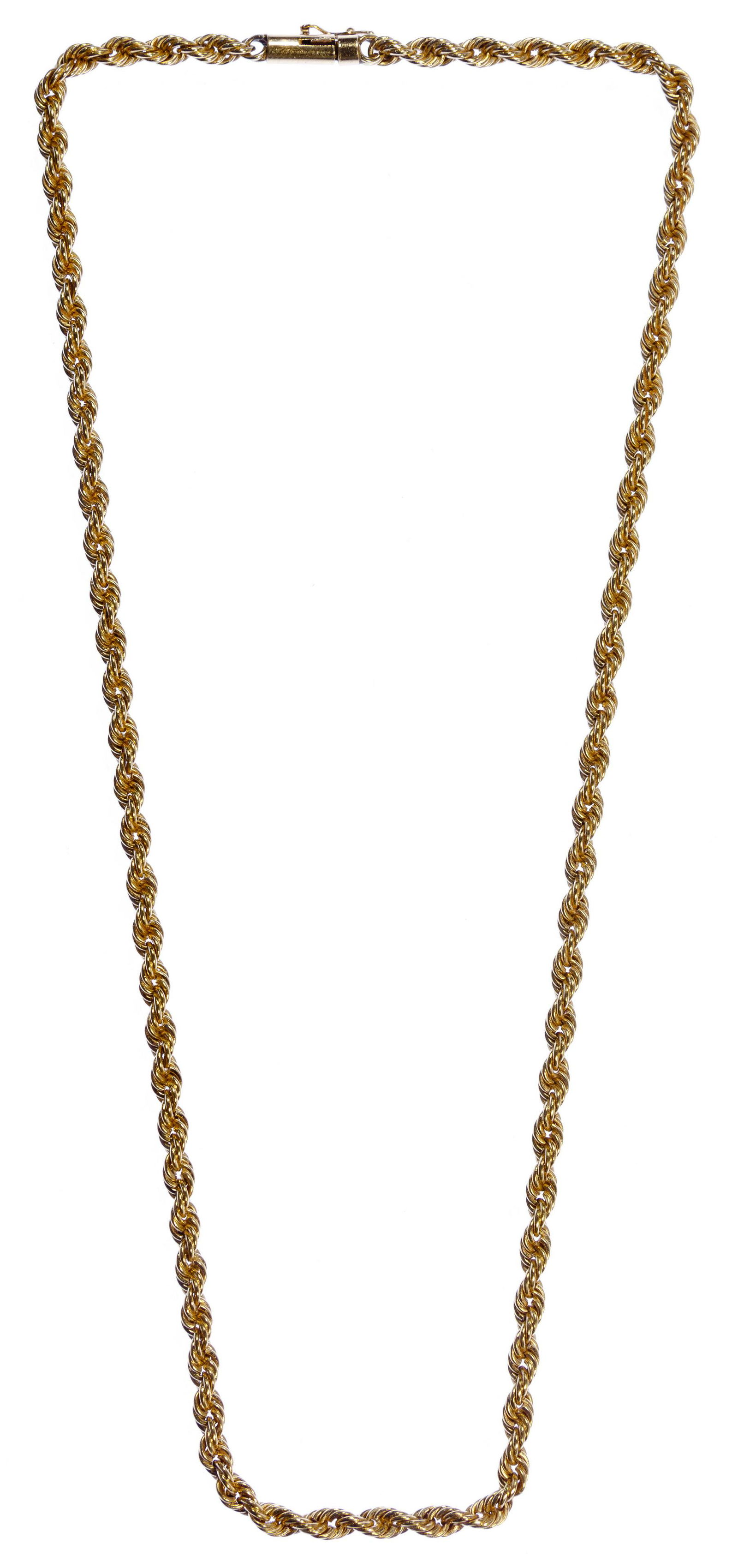 14k Gold Twisted Rope Necklace: 14k Gold Twisted Rope Necklace Marked '14k' on clasp Condition: Very Good, light wear, no damage noted Length: 18 1/2 inches Weight: 17.49 dwts. (total weight) Category: Fine Jewelry > 14k Gold Shippi