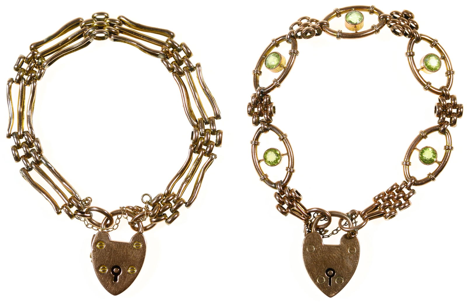 9k Gold Link Bracelets: 9k Gold Link Bracelets Two bracelets having heart-shaped locks, one having round cut peridot; both marked '9ct' on heart Condition: Very Good to Good, overall light wear, missing keys, one locked; gem