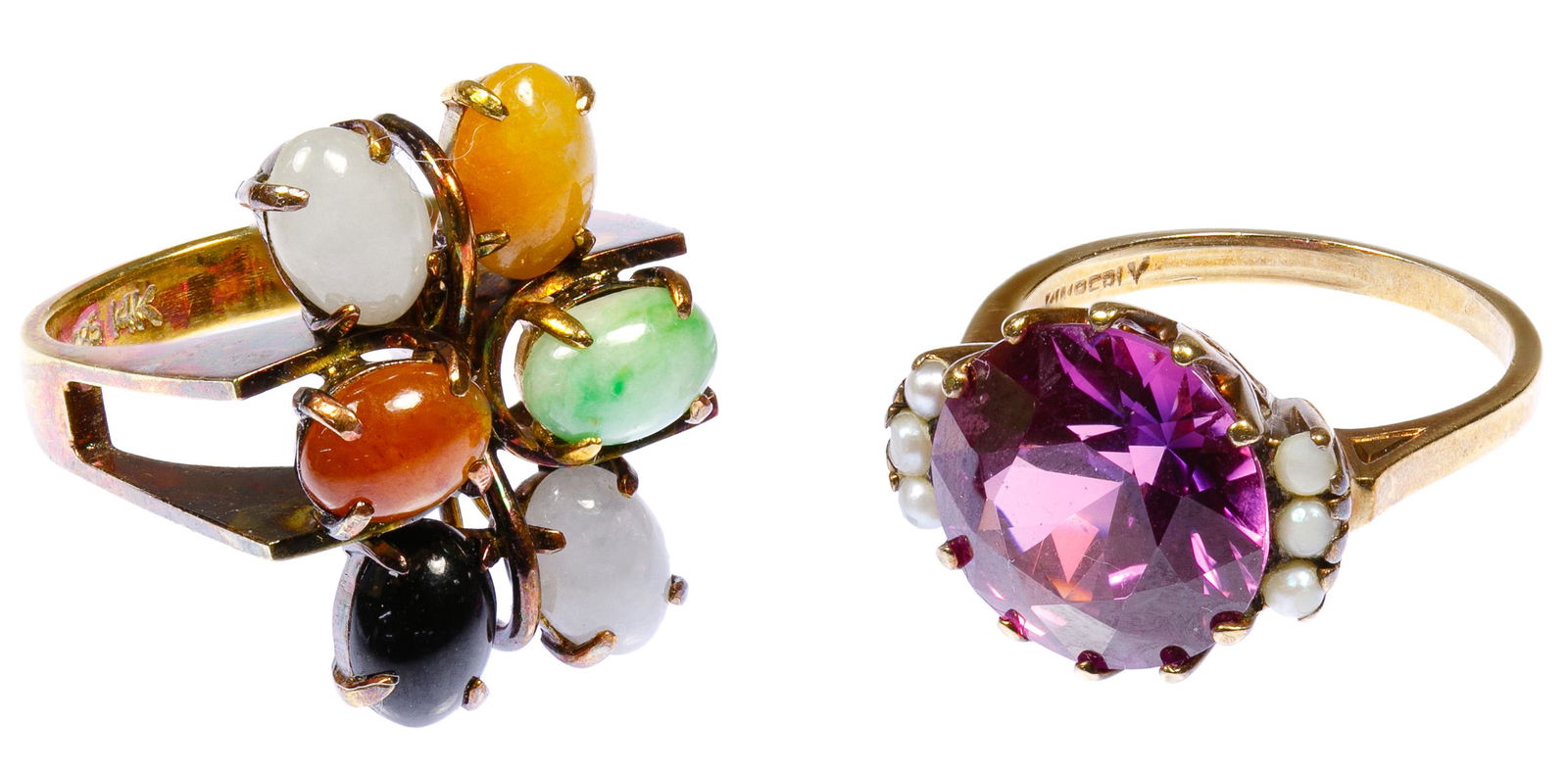 14k Gold and 10k Gold Rings: 14k Gold and 10k Gold Rings Two rings including one having various oval cut cabochons marked '14k' and '585' inside band and another having a 13mm round cut purple sapphire adorned by six seed pearls