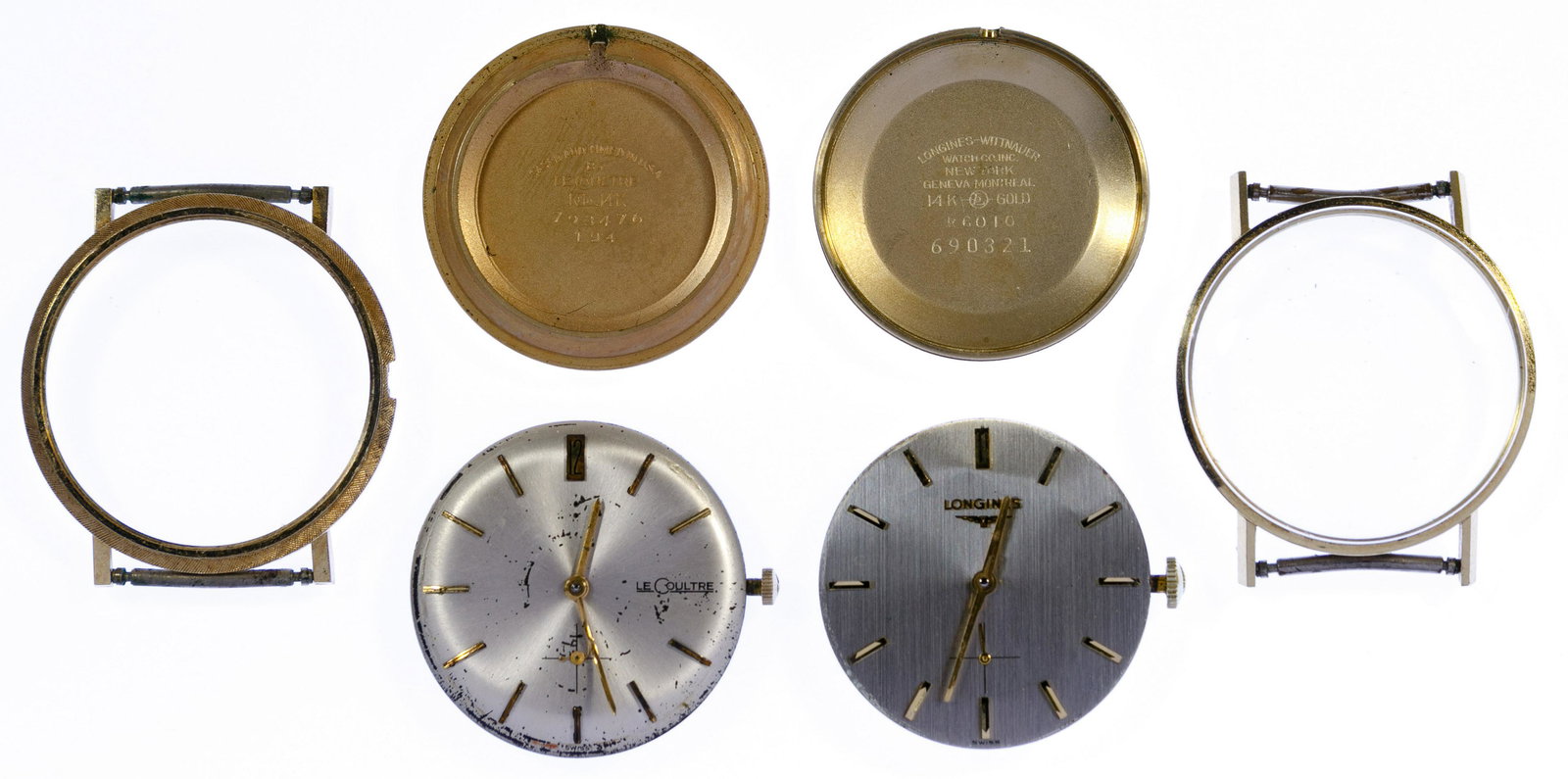 Longines and Le Coultre 14k Gold Case Wrist Watches: Longines and Le Coultre 14k Gold Case Wrist Watches Two items including Longines having a 17-jewel movement and Le Coultre having a 17-jewel Swiss movement; both marked '14k' on back and inside back o