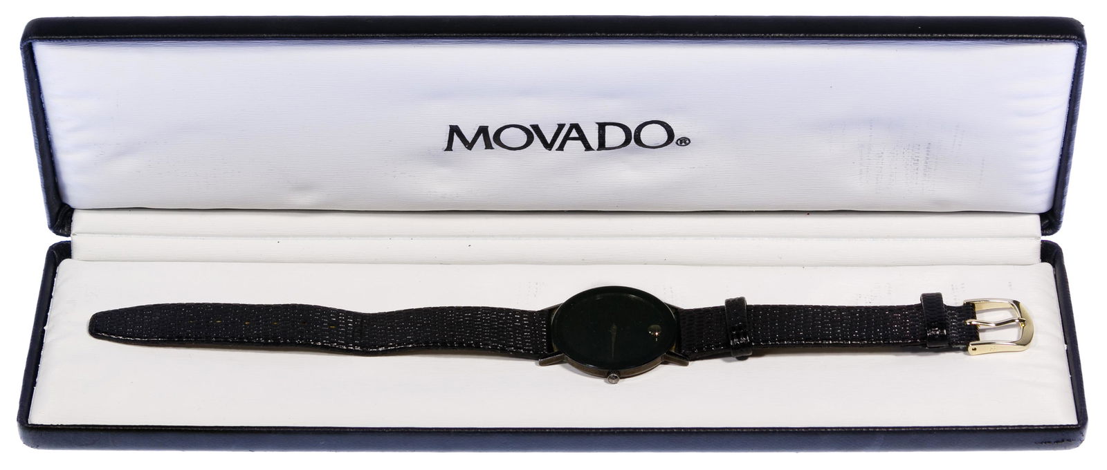 Movado 'Museum' Ladies Wrist Watch: Movado 'Museum' Ladies Wrist Watch Quartz watch model #84.C6.882.2A having a black dial, stainless steel case and black leather band; together with Movado black storage box Condition: Very Good, light
