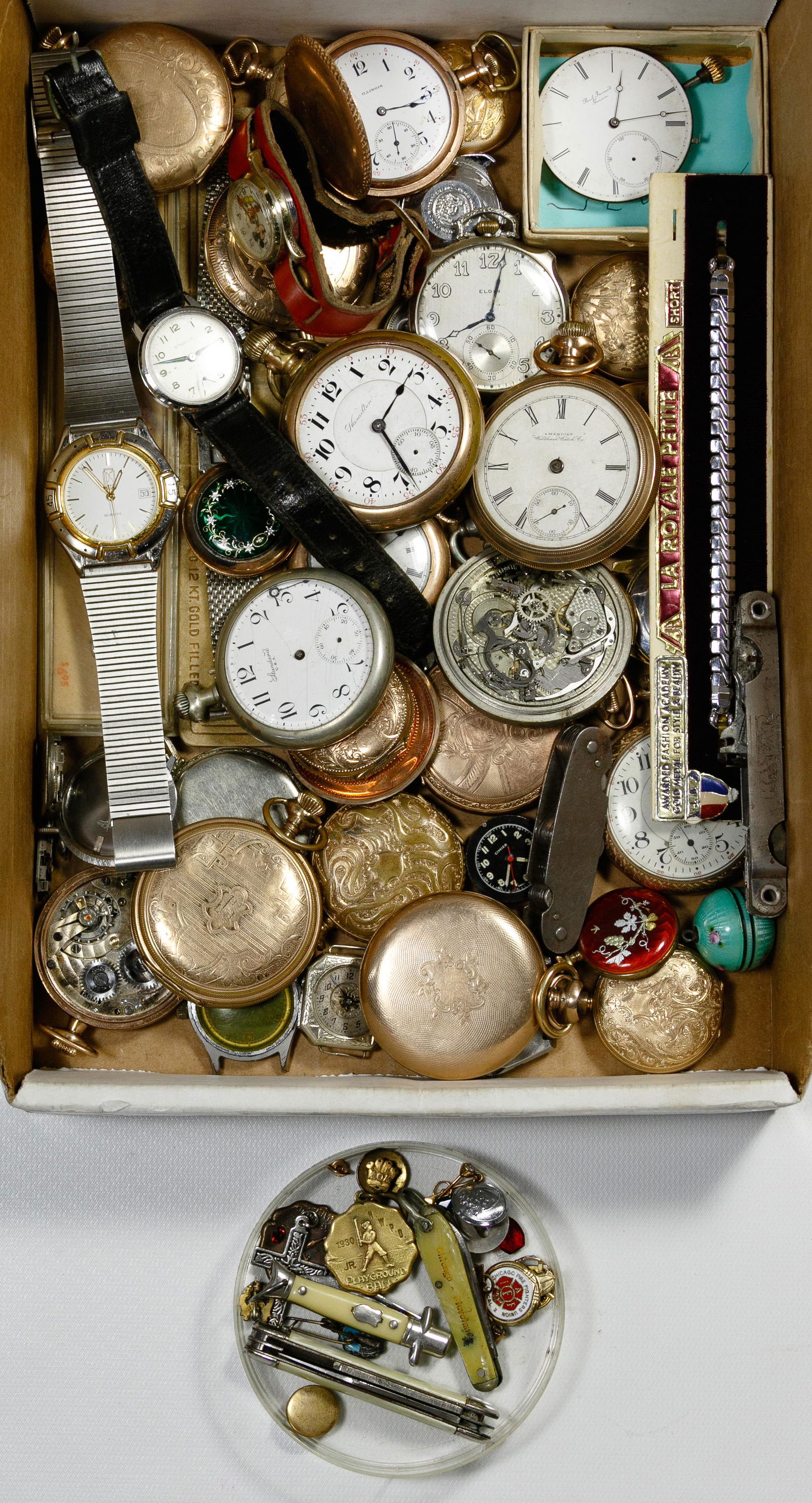 Pocket Watch and Wrist Watch Assortment: Pocket Watch and Wrist Watch Assortment Approximately forty watches including a Mickey Mouse watch and examples by Standard, Hamilton, Waltham, Elgin and Seiko; together with replacement metal watchba