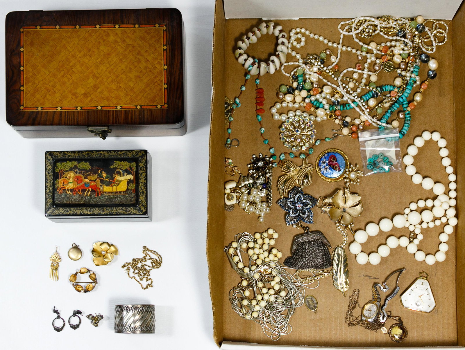 Costume Jewelry Assortment: Costume Jewelry Assortment Approximately two pounds of jewelry including sterling silver napkin ring, a butterfly earring marked '800' and a pair of earrings marked '925'; five gold-filled items inclu
