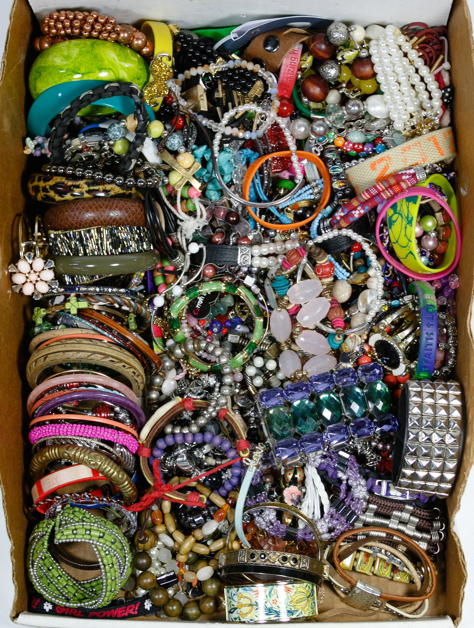 Costume Bracelet Assortment: Costume Bracelet Assortment Approximately nine pounds of plastic, metal, beaded and leather bangle and cuff bracelets Condition: Very Good to Fair, some items may be bent or broken, missing stones or 