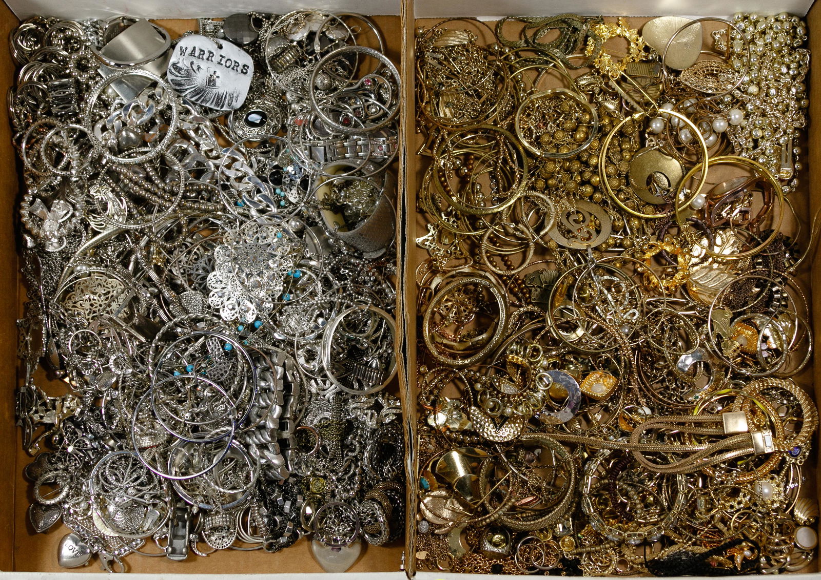 Gold-tone and Silver-tone Costume Jewelry Assortment: Gold-tone and Silver-tone Costume Jewelry Assortment Approximately fourteen pounds of necklaces, cuffs, bracelets, earrings, brooches and pendants Condition: Very Good to Fair, overall light to modera