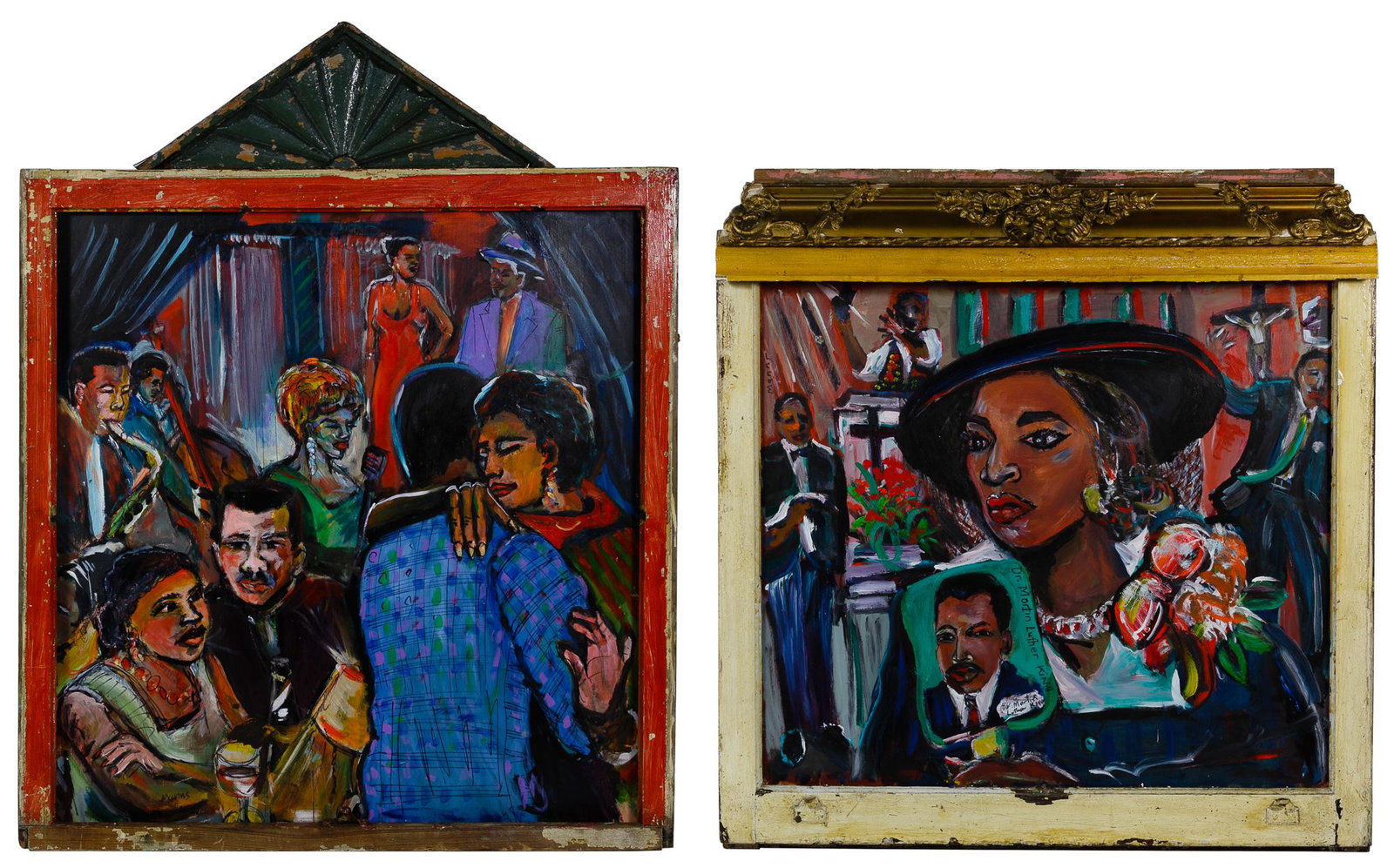 Wayne Manns (American, 20th Century) 'Dancing and: Wayne Manns (American, 20th Century) 'Dancing and Romancing' Acrylic and Found Objects on Panel Undated, signed en verso; together with 'Lady with Church Fan (MLK)' undated, signed en verso; both fram