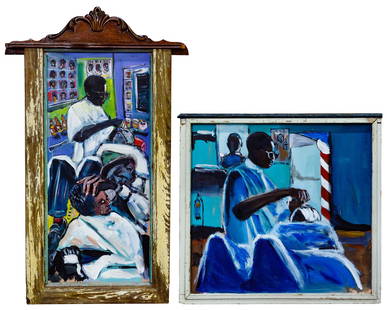 Wayne Manns (American, 20th Century) 'Tears, Fears, and: Wayne Manns (American, 20th Century) 'Tears, Fears, and Barber Shop Chairs' Acrylic and Found Materials on Panel 2017, signed upper right and en verso, depicting a barbershop scene, in artist's frame