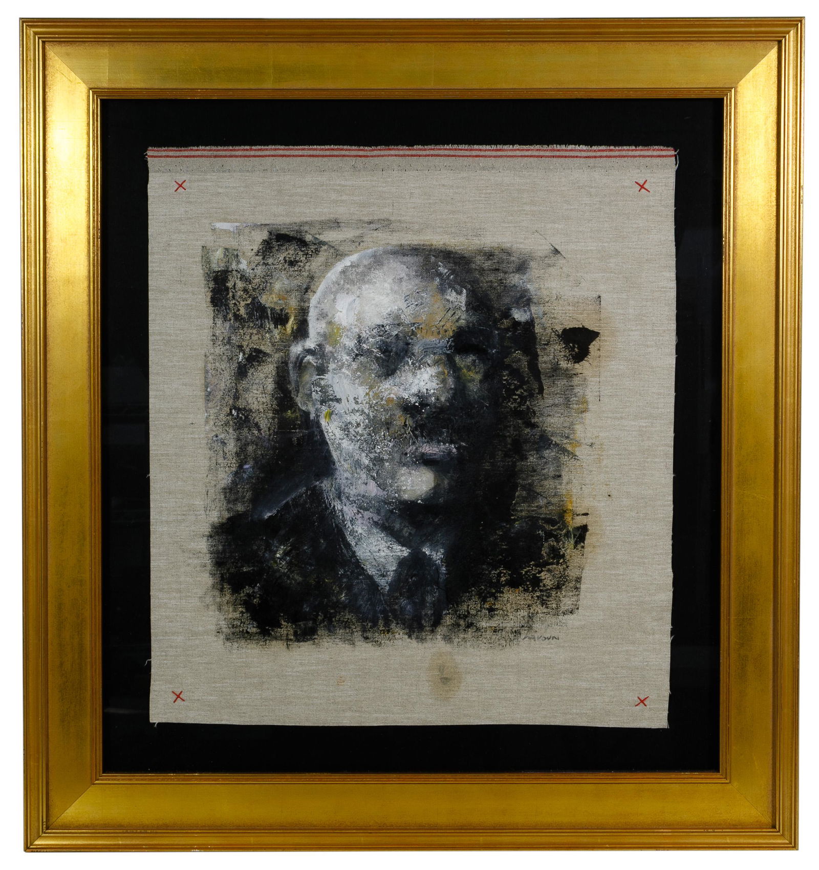 David Harouni (Iranian / American, b.1962) Oil on: David Harouni (Iranian / American, b.1962) Oil on Unstretched Linen Undated, signed lower right, depicting an abstracted male face in grayscale, mounted floating and housed in a gold tone wood frame u