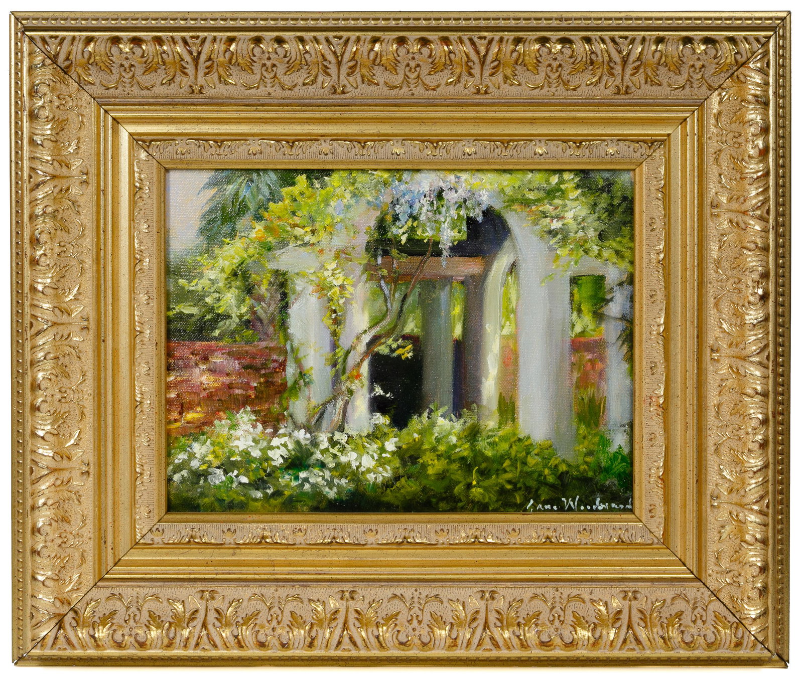 Jane Woodward (American, 20th Century) 'Brookgreen: Jane Woodward (American, 20th Century) 'Brookgreen Gardens Wisteria on the Arches' Oil on Canvas Undated, signed lower right, depicting a garden scene, ornate gold tone frame; provenance: Oak Park, Il