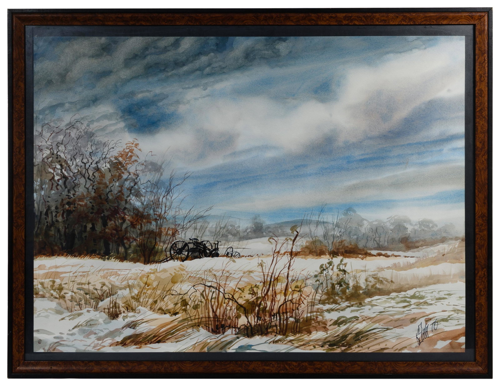 Kurt Sala (American, 20th Century) Watercolor: Kurt Sala (American, 20th Century) Watercolor 1976, signed and dated lower right, depicting a farm field having broken down farm equipment outlined in black, in a burled wood and black frame under gla