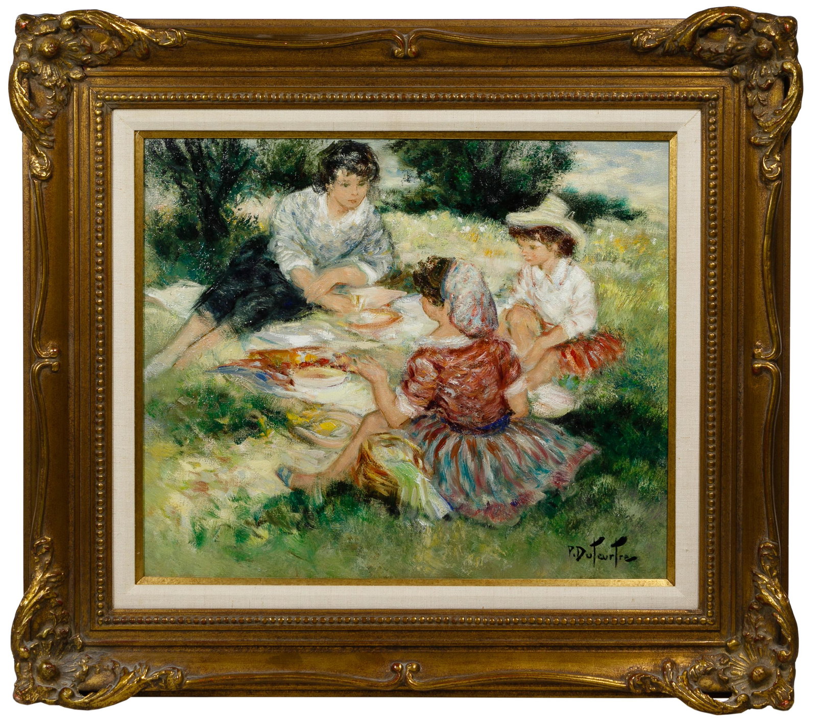 Pierre Duteurtre (French, 1911-1989) Oil on Canvas: Pierre Duteurtre (French, 1911-1989) Oil on Canvas Undated, signed lower right, depicting three children having a picnic; gold frame Condition: Very Good, light dirt accumulation on the edges and in t