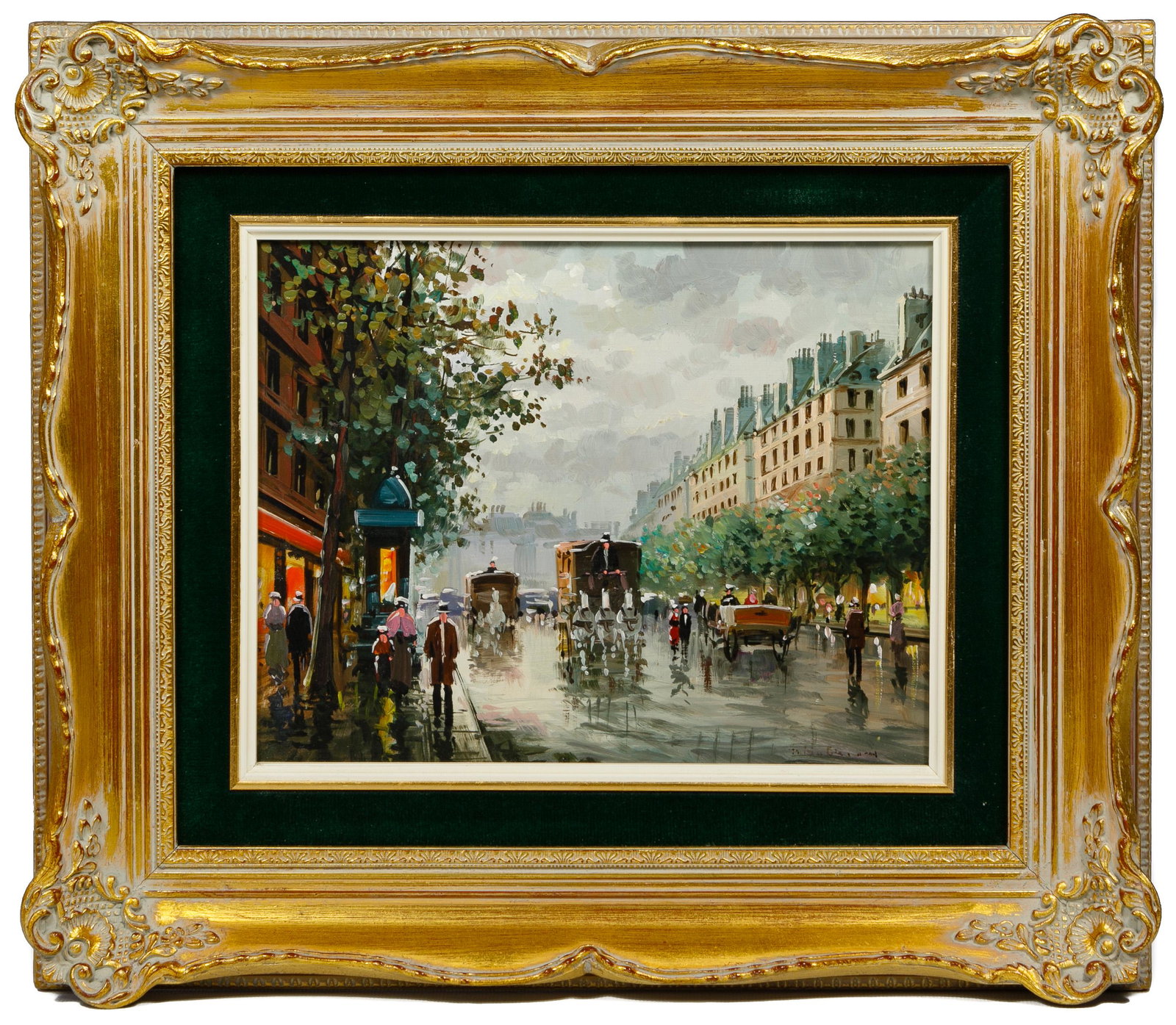 (Style of) Antoine Blanchard Oil on Board: (Style of) Antoine Blanchard Oil on Board Undated, spurious signature lower right, depicting a street scene in Paris; presented in a gold painted ornate frame; including biography from Atlas Galleries