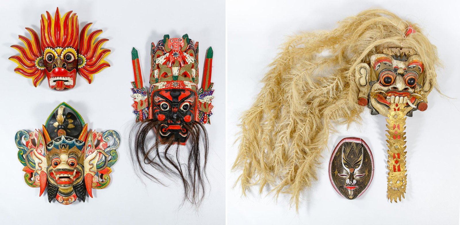 Indonesian Mask Assortment: Indonesian Mask Assortment Four examples of carved and painted masks, one having inlaid mirror discs and horse hair attachments and another having a sisal fiber wig with gold painted paper attachments