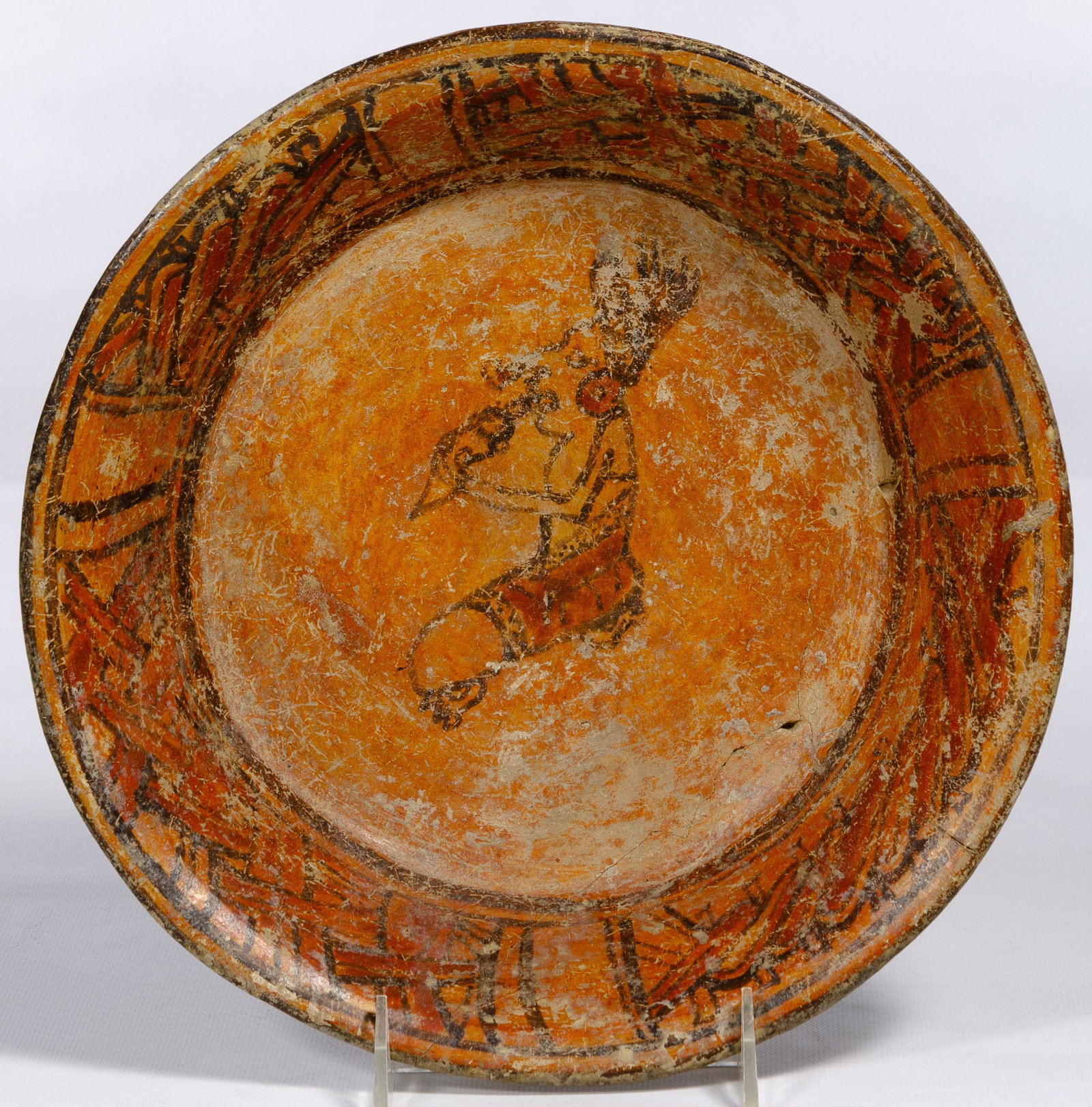 Pre-Columbian Mayan Painted Shallow Bowl: Pre-Columbian Mayan Painted Shallow Bowl C.E. 600 - 1200, Guatemala / Mexico, painted and burnished terracotta having a central figure; provenance: Chicago, Illinois estate Condition: Good, cracked an