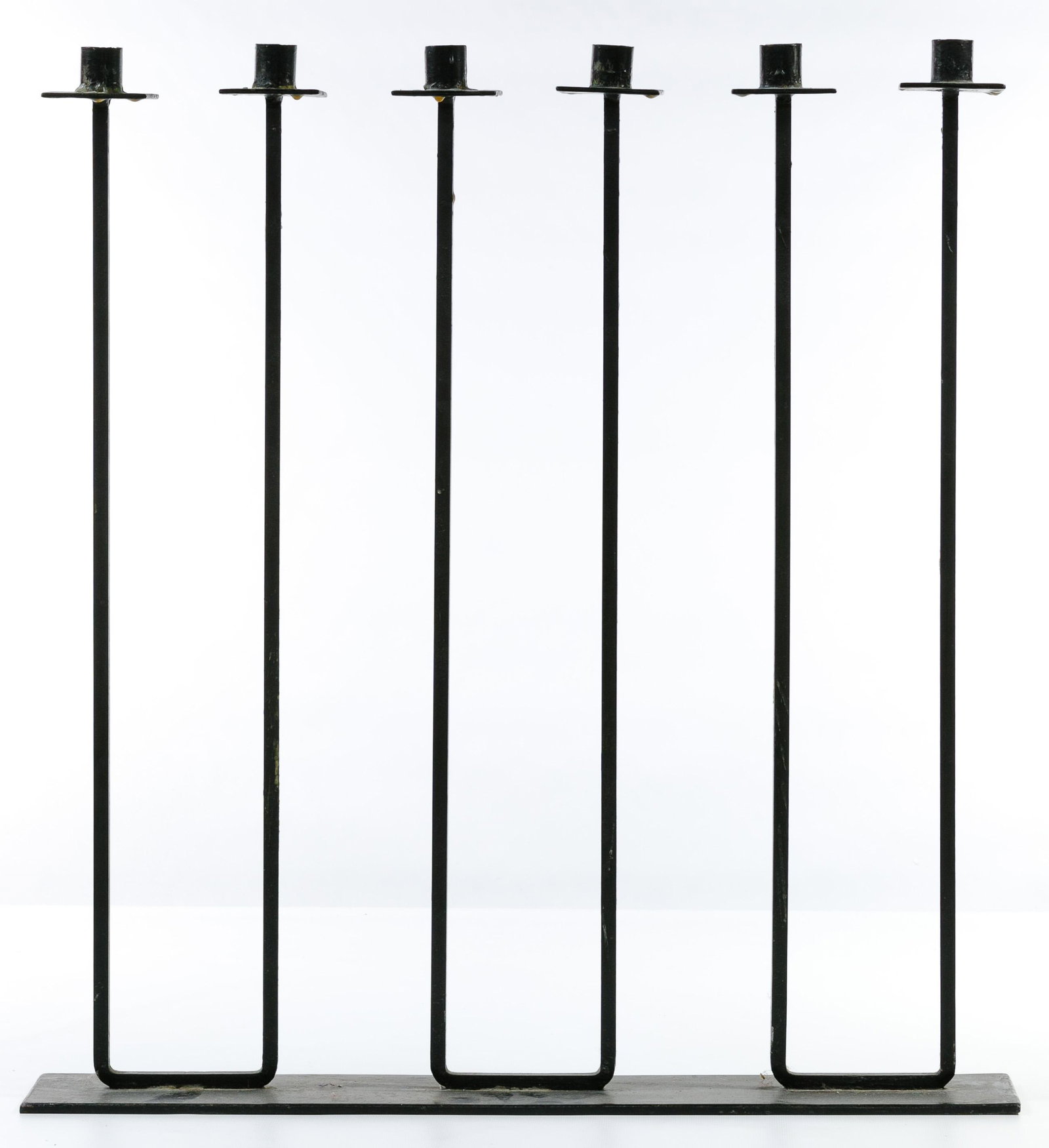 Modernist Metal Floor Candelabra: Modernist Metal Floor Candelabra Black plated metal, having six integrated candlesticks and rectangular base; provenance: Chicago, Illinois estate Condition: Good, overall light wear consistent with a